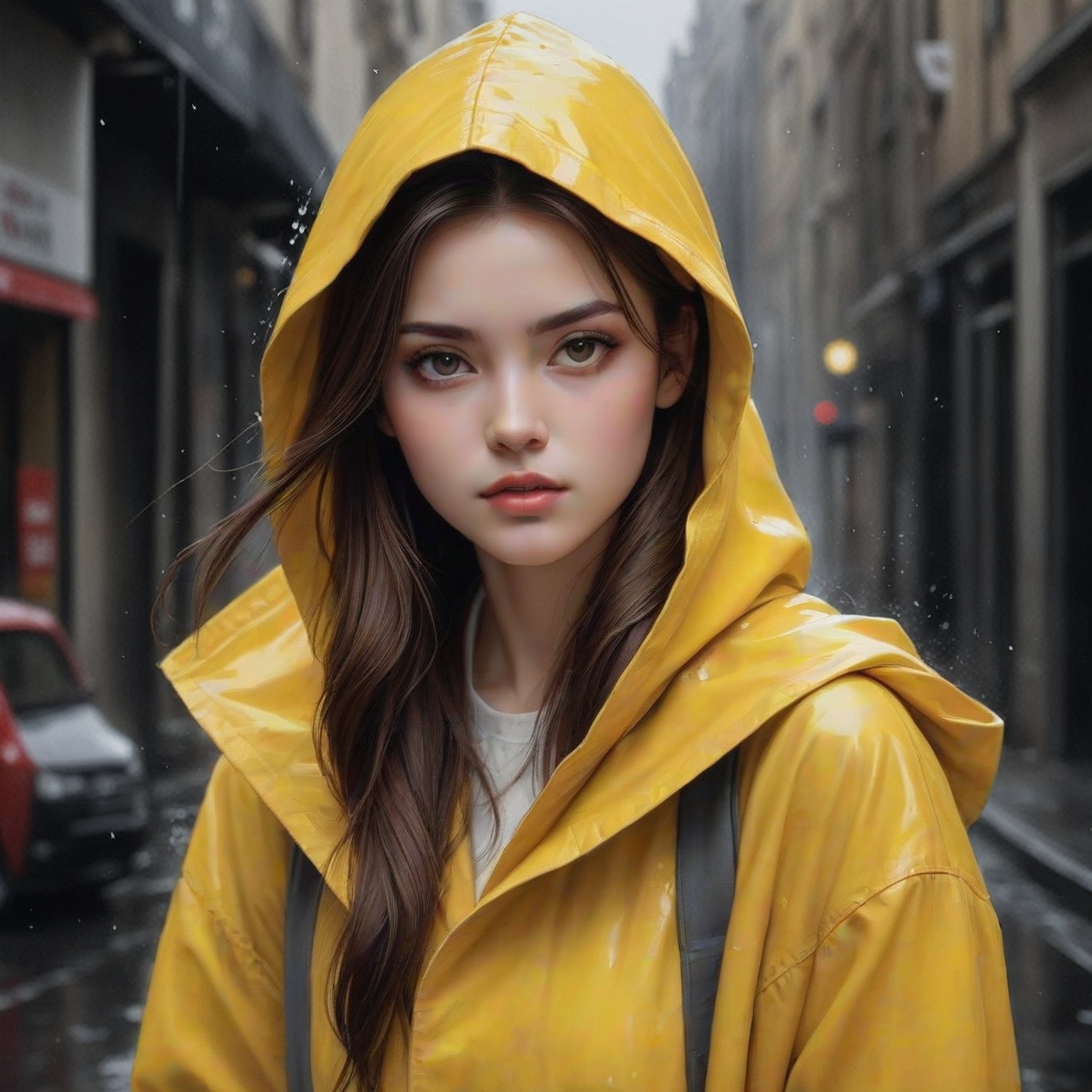Generate an artisvic vision of watercolor portrait of a beautiful girl in a yellow raincoat,  20yo,  walking in a dark rai...