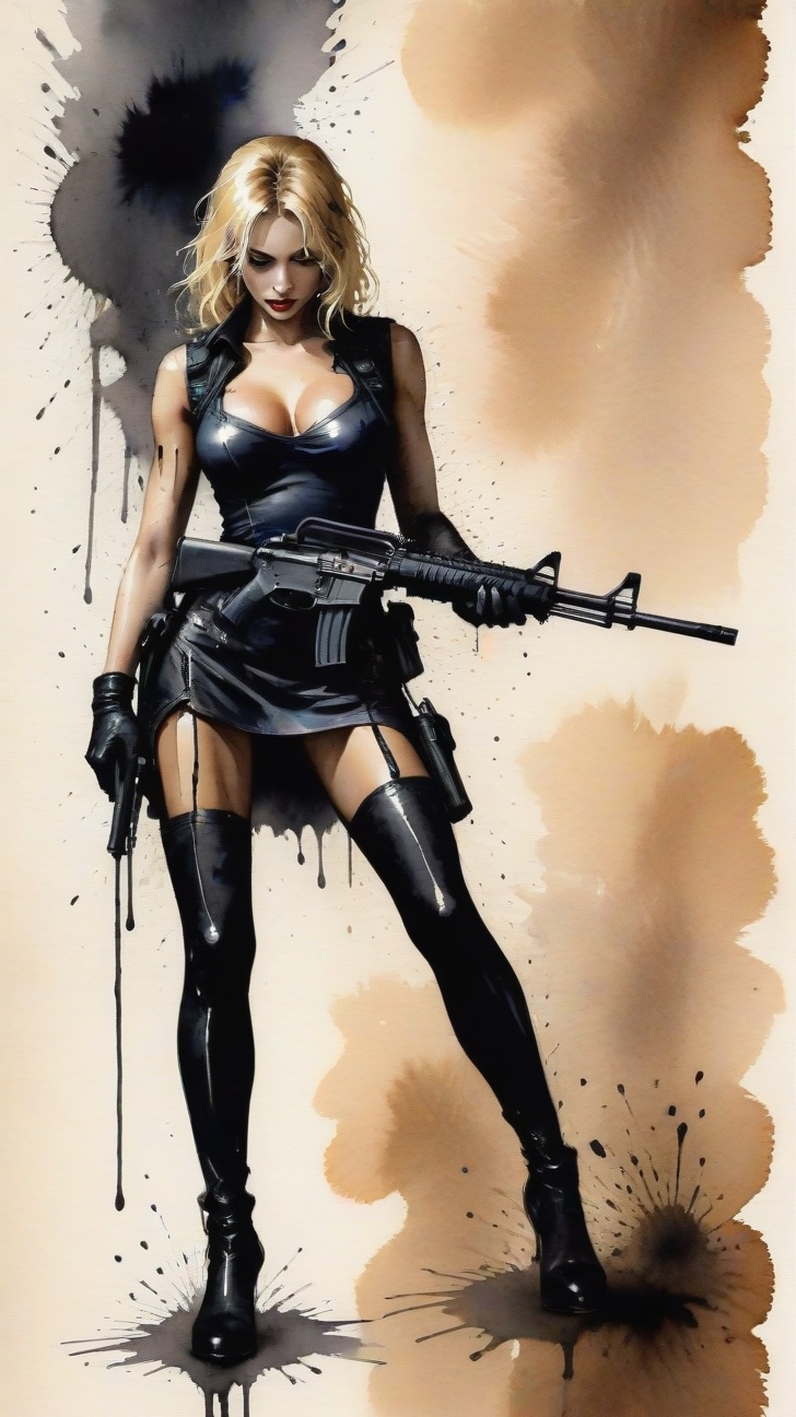 a beautiful 20yo police girl \(LAPD\) holding a rifle \(AR-15\) investigating a suspicious cafe,  police car,  strobe ligh...