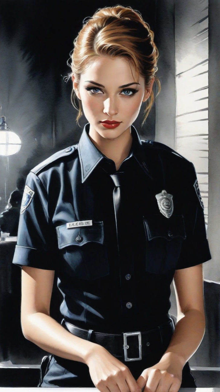 a beautiful 20yo police girl \(LAPD\) in a cafe,  coffee BREAK (Frank Miller's Sin City style),  sketch on Tensor.Art