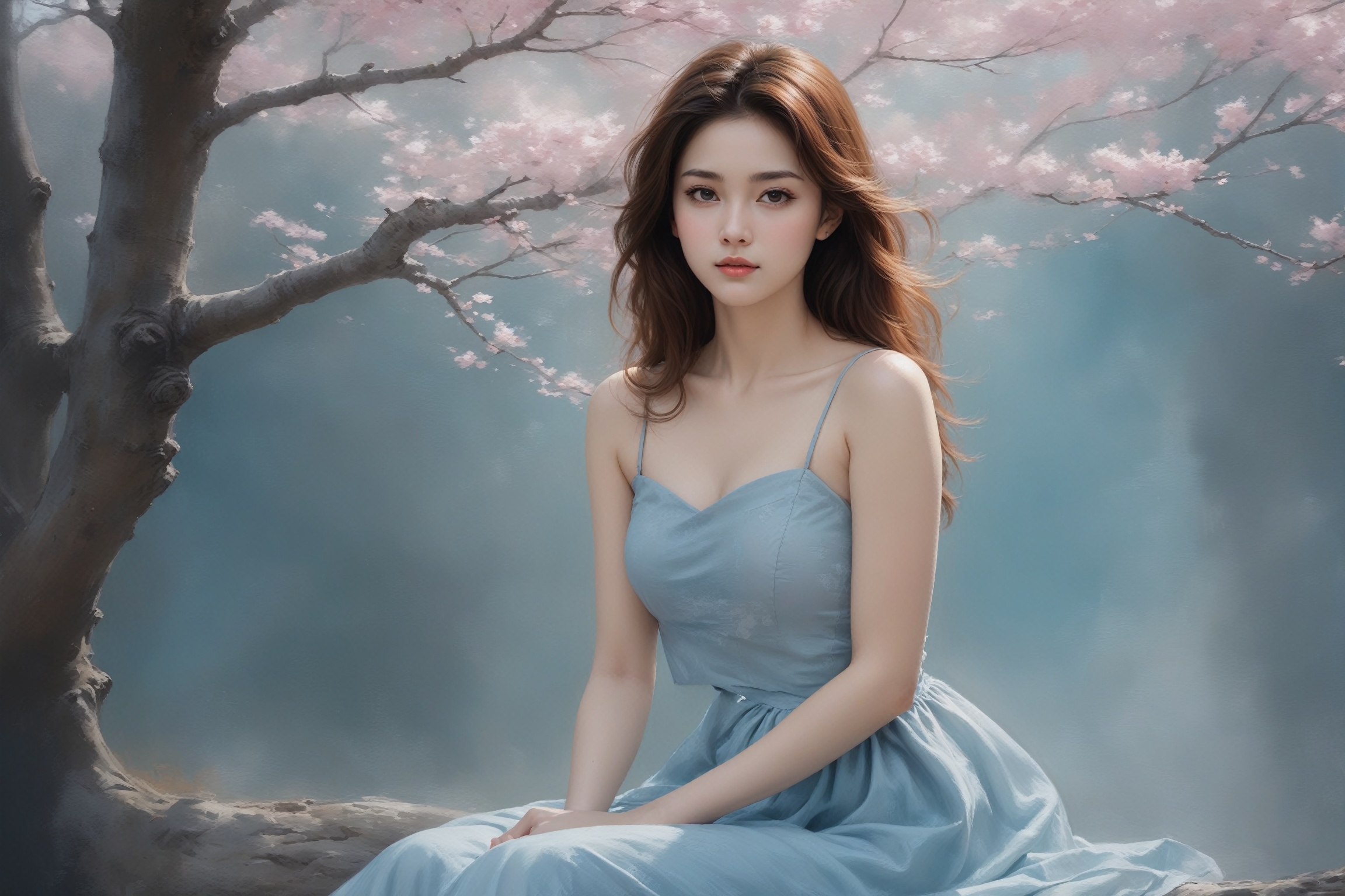 Generate an artistic vision of watercolor portrait of a beautiful girl sitting in a park with cherry blossom trees,  20yo,...