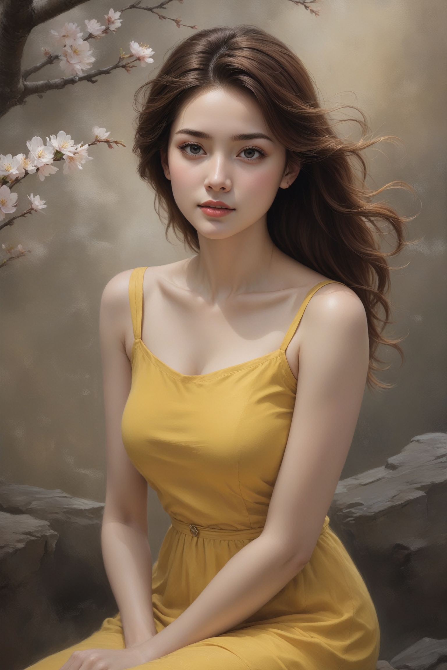 Generate an artistic vision of watercolor portrait of a beautiful girl sitting in a park with cherry blossom trees,  20yo,...