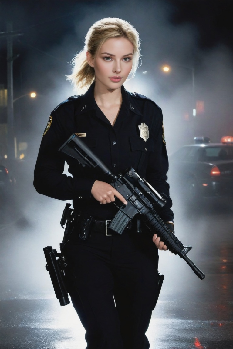 a beautiful 20yo police girl \(LAPD\) holding a rifle \(AR-15\),  running into a crime scene at night,  fog on Tensor.Art