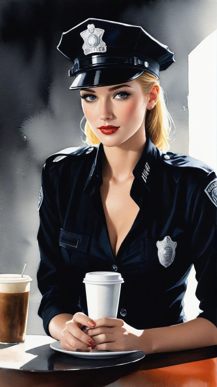 a beautiful 20yo police girl \(LAPD\) in a cafe,  coffee BREAK Frank Miller's Sin City style,  watercolor on Tensor.Art