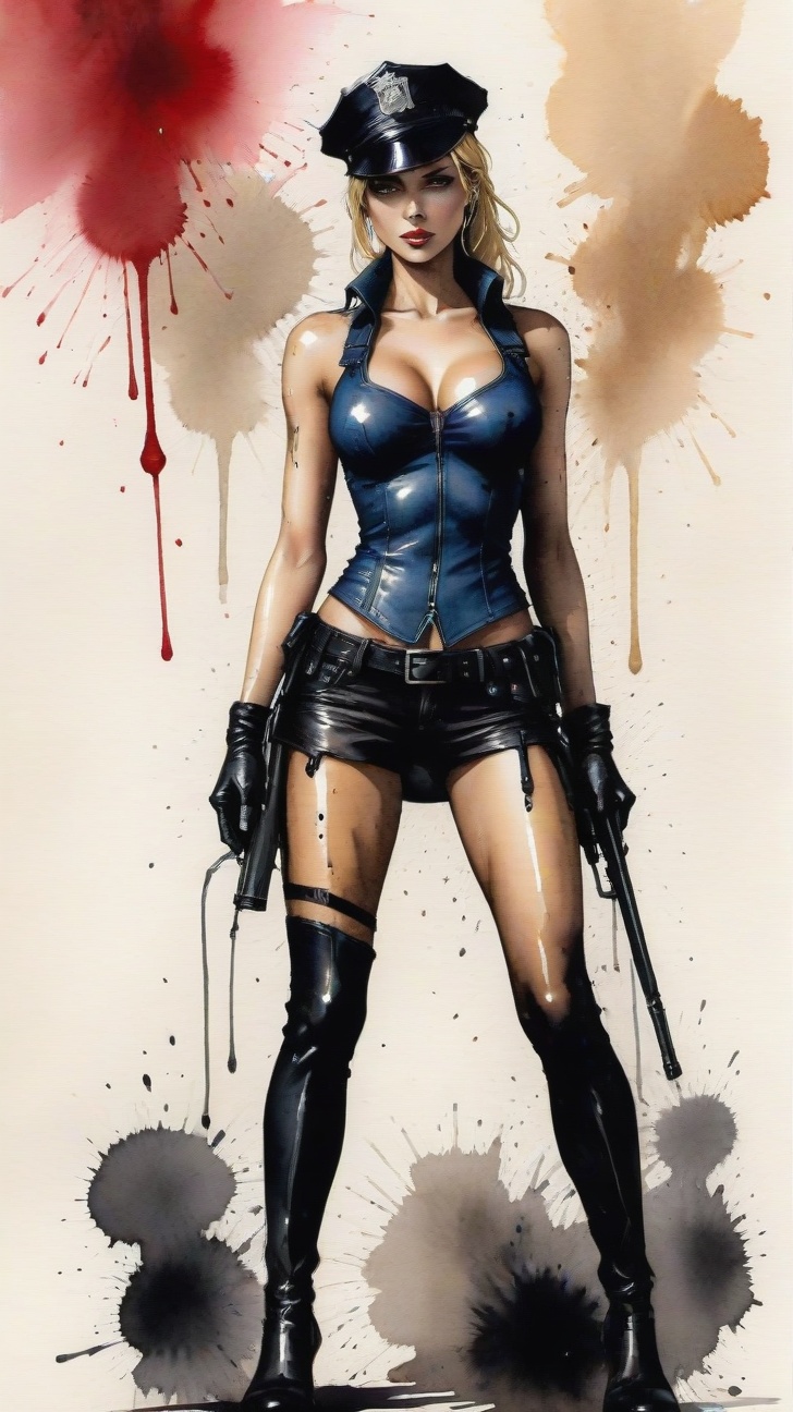 a beautiful 20yo police girl \(LAPD\) holding a rifle \(AR-15\) investigating a suspicious cafe,  police car,  strobe ligh...