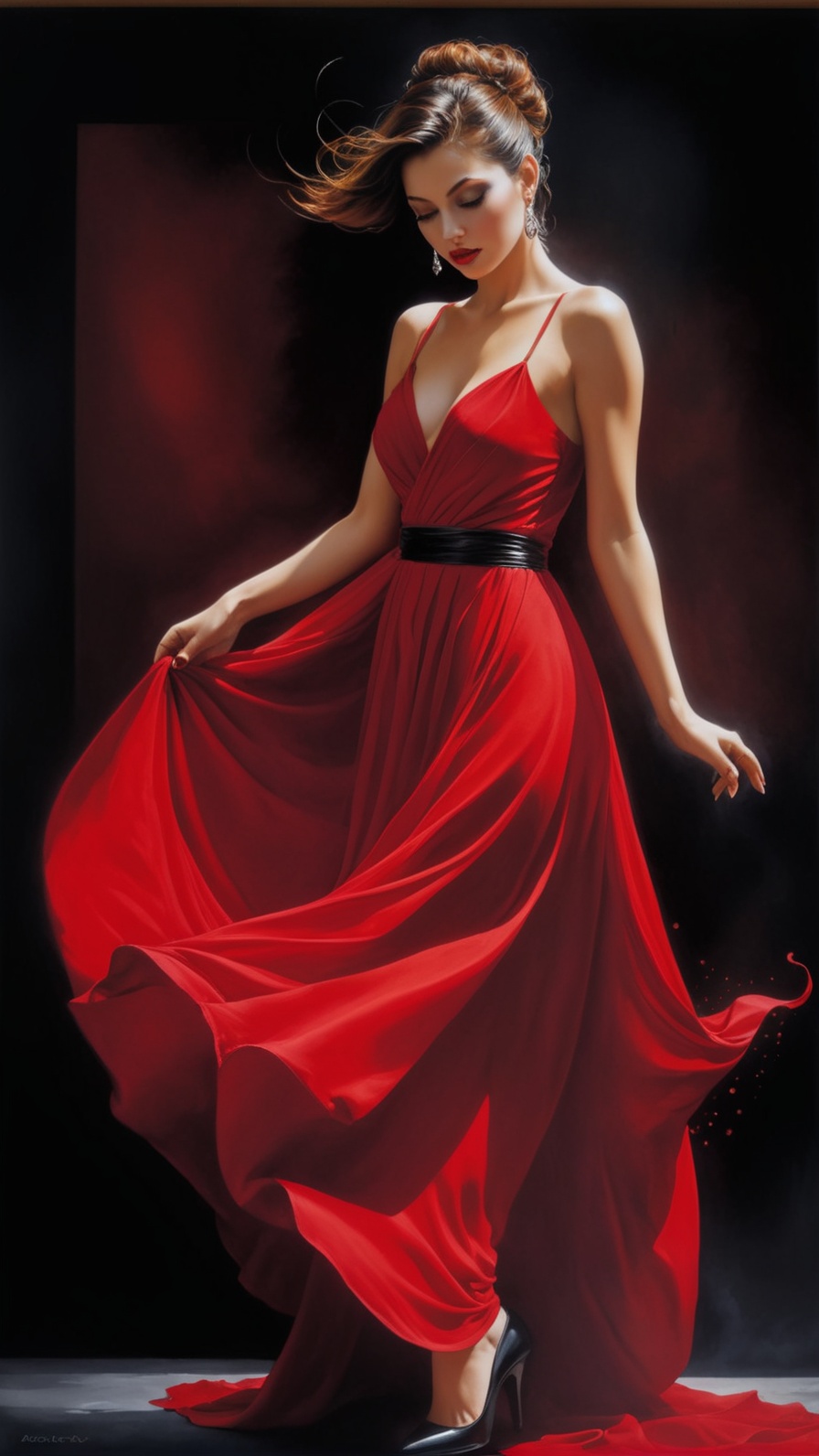 Oil painting of a beautiful woman in a red dress dancing gracefully. Karol Bak style painting. Mystical. Mysterious. Danci...