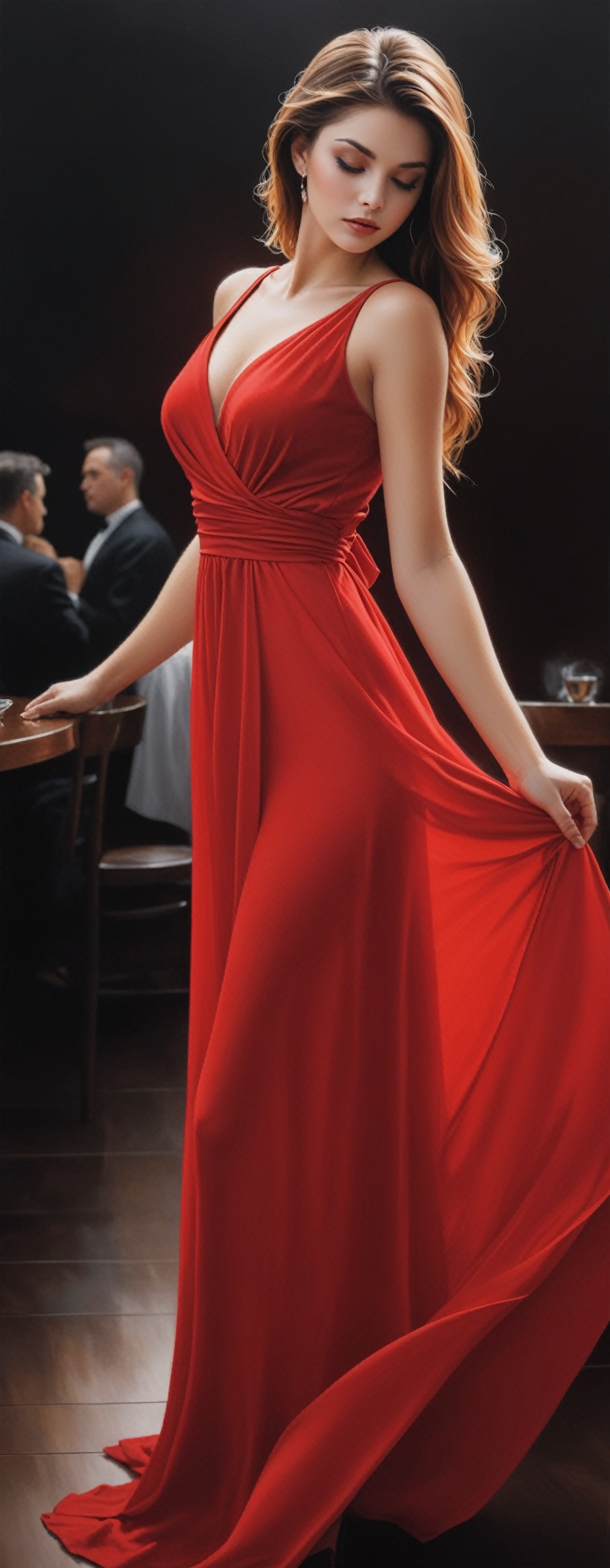 Oil painting of a beautiful woman in a red dress dancing gracefully in a dark cafe.((Karol Bak style)) easel painting. (Ro...