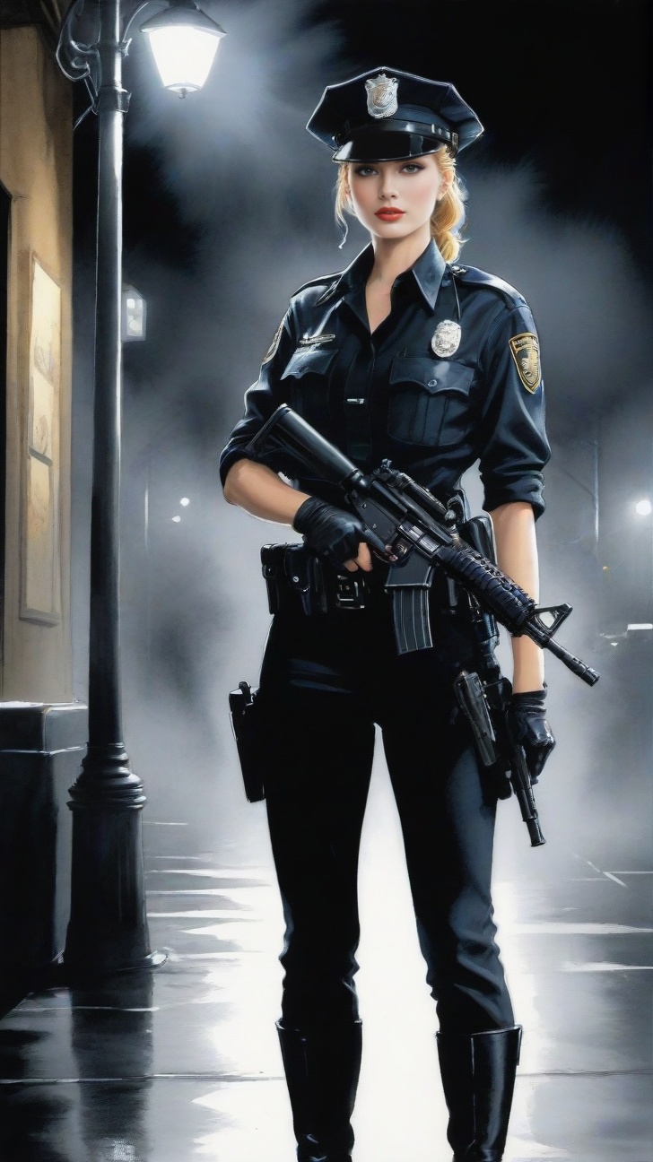 a beautiful 20yo police girl \(LAPD\) holding a rifle \(M16\) investigating a suspicious cafe at night,  fog,  dark on Ten...