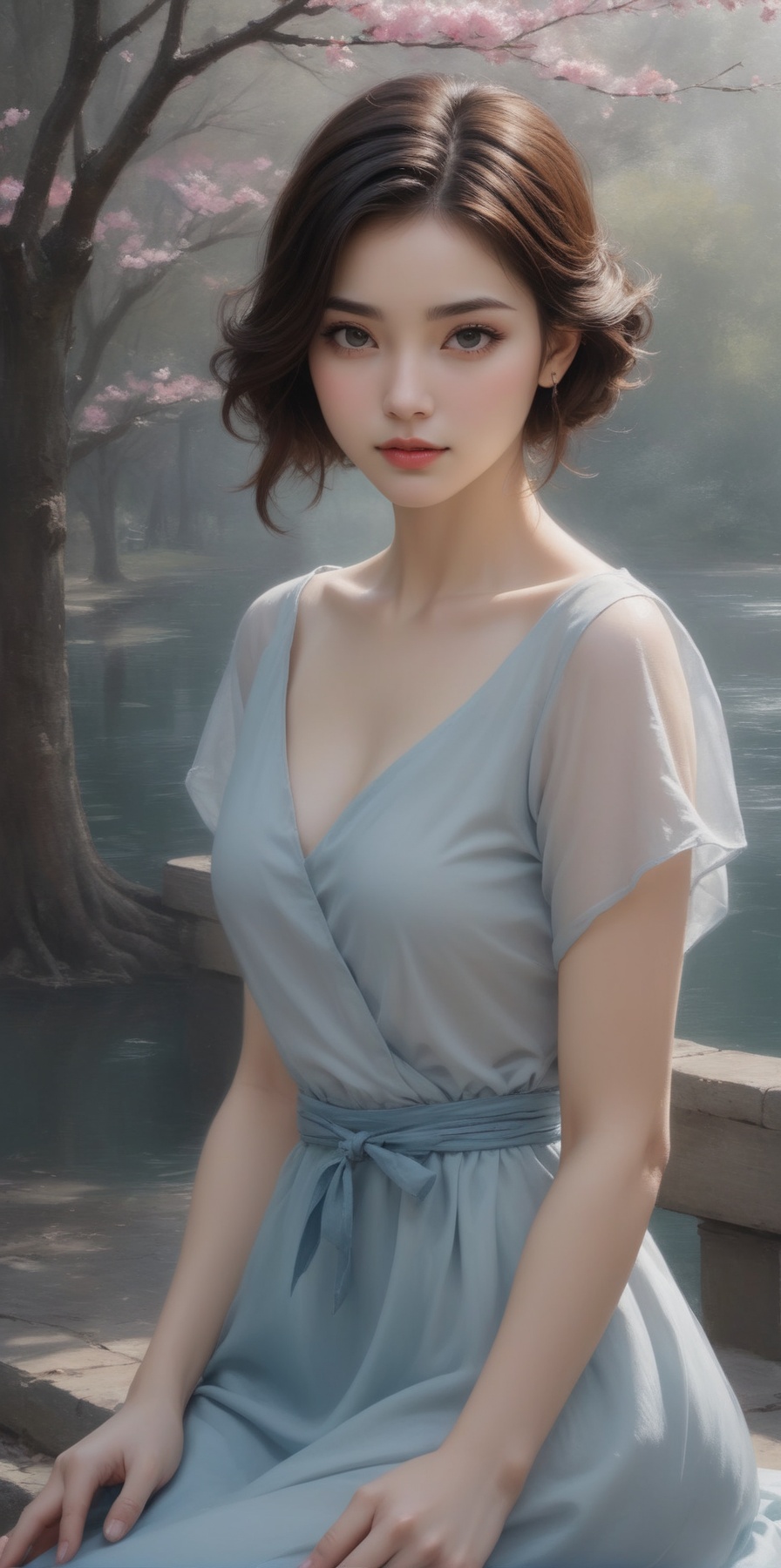 Generate an artistic vision of watercolor portrait of a beautiful girl sitting in a park with cherry blossom trees,  20yo,...
