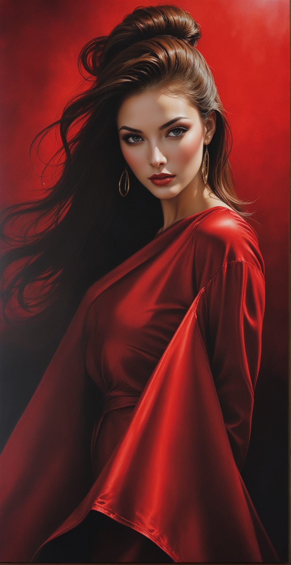 Oil painting of a beautiful woman in a red dress dancing gracefully in a dark cafe.((Karol Bak style)) easel painting. Mys...