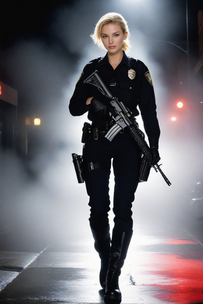 a beautiful 20yo police girl \(LAPD\) holding a rifle \(AR-15\),  running into a crime scene at night,  fog on Tensor.Art