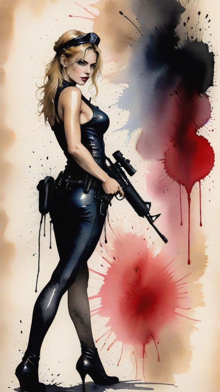 a beautiful 20yo police girl \(LAPD\) holding a rifle \(AR-15\) investigating a suspicious cafe,  police car,  strobe ligh...