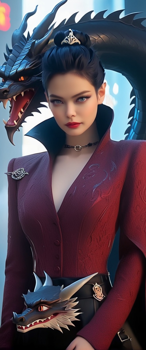 evil queen,  (wirh and evil dragon) fantasy cyberpunk,  regal setting on Tensor.Art