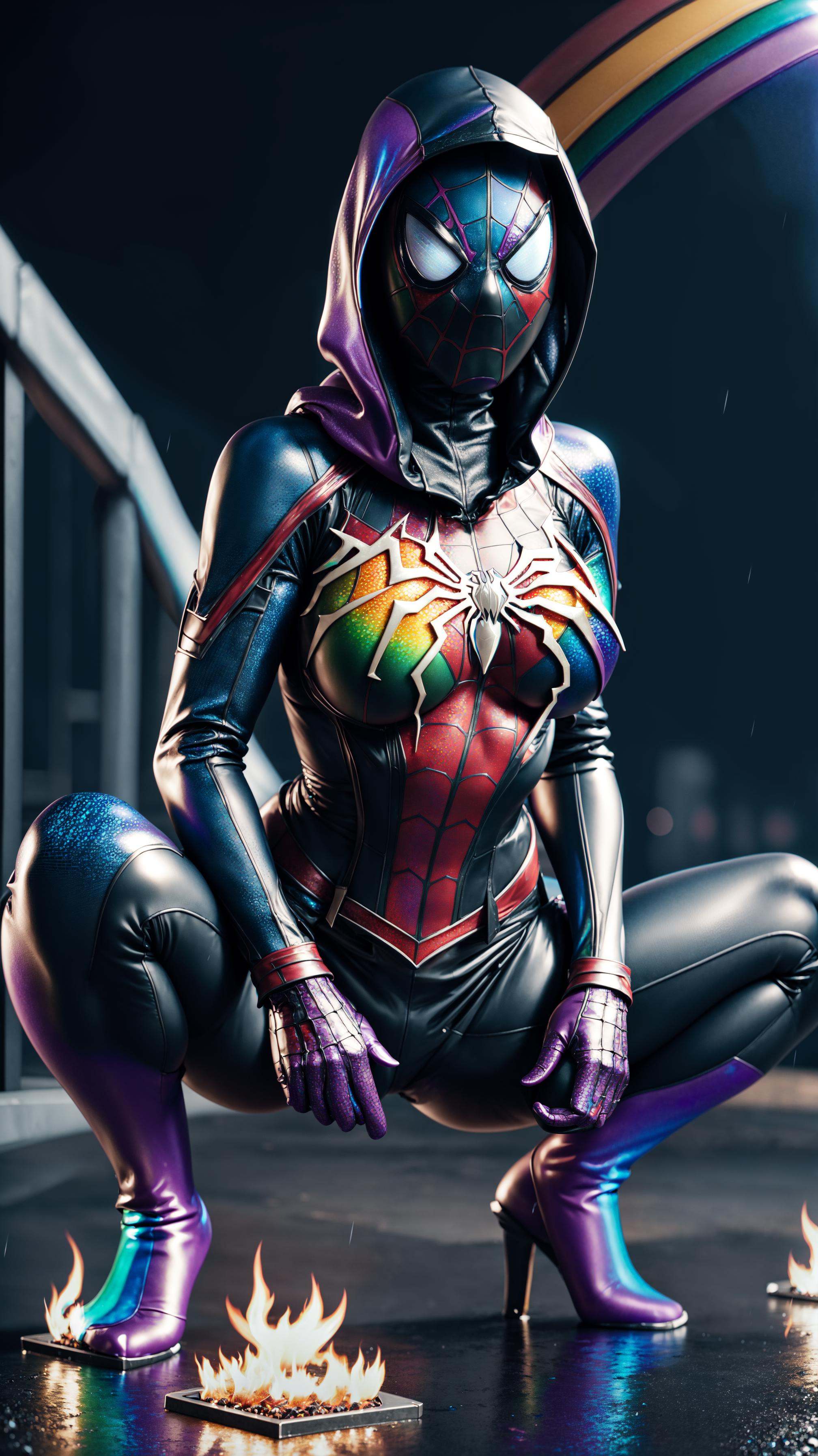 colorful scene,  (shot of a woman wearing a spiderman costume), on Tensor.Art
