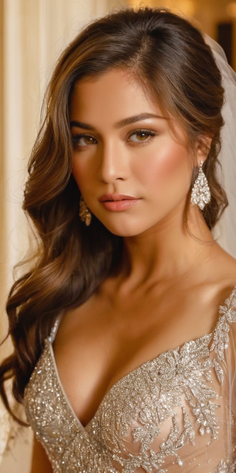 A majestic close-up shot of a radiant golden bride 👰‍♀️,  her regal presence filling the frame as she stands tall,  dress...