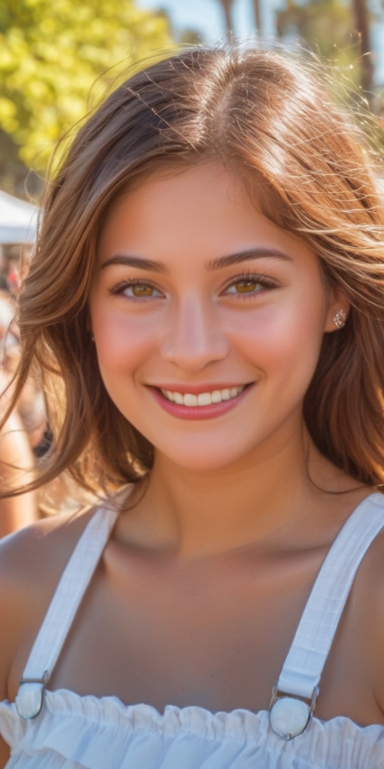 A cheerful Argentinian girl enjoying the Oxnard Strawberry Festival Festival,  she has the most beautiful hazel eyes,  sho...
