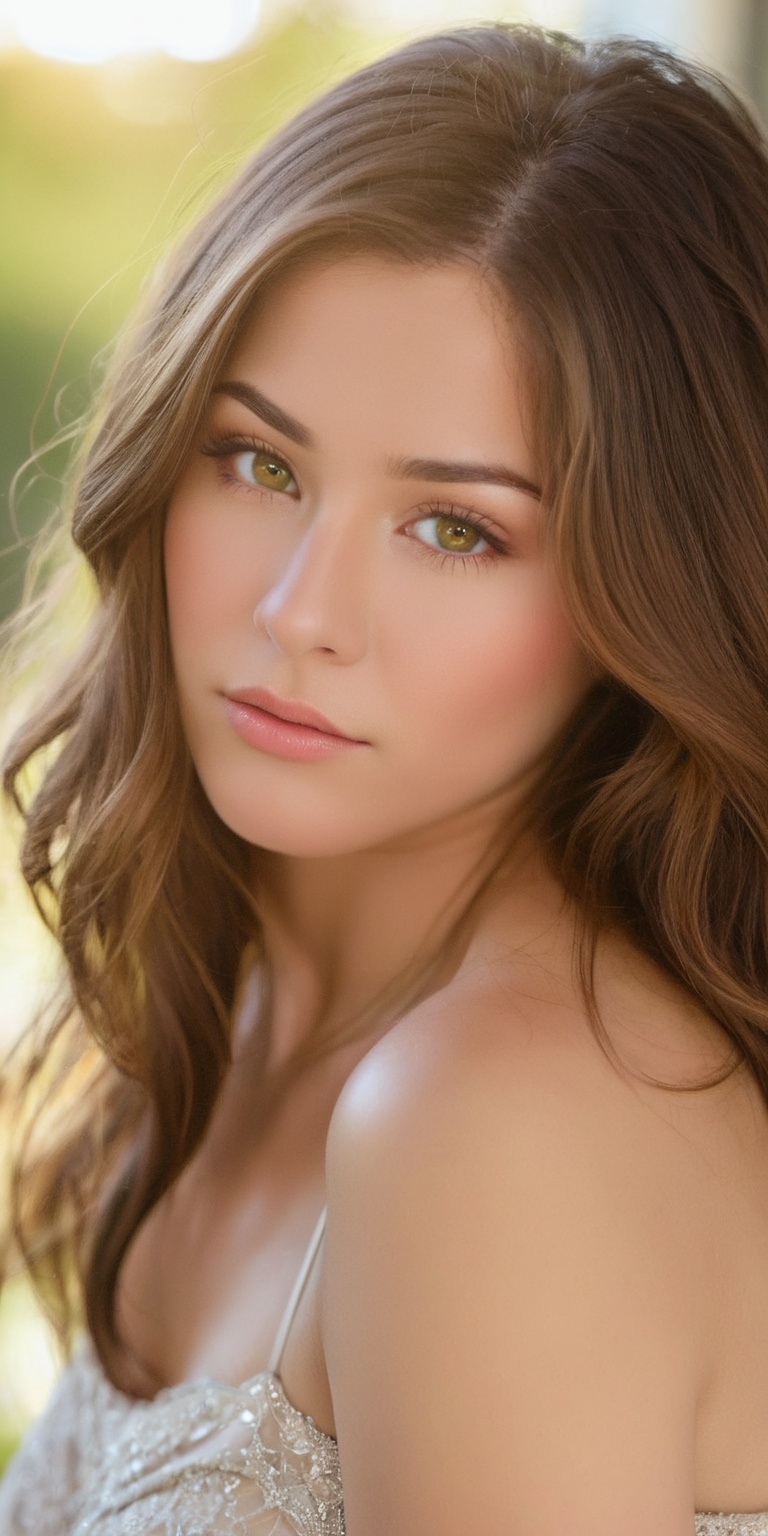 A serene beauty sits amidst warm sunlight,  her luscious brunette locks cascading down like a gentle waterfall. Hazel eyes...