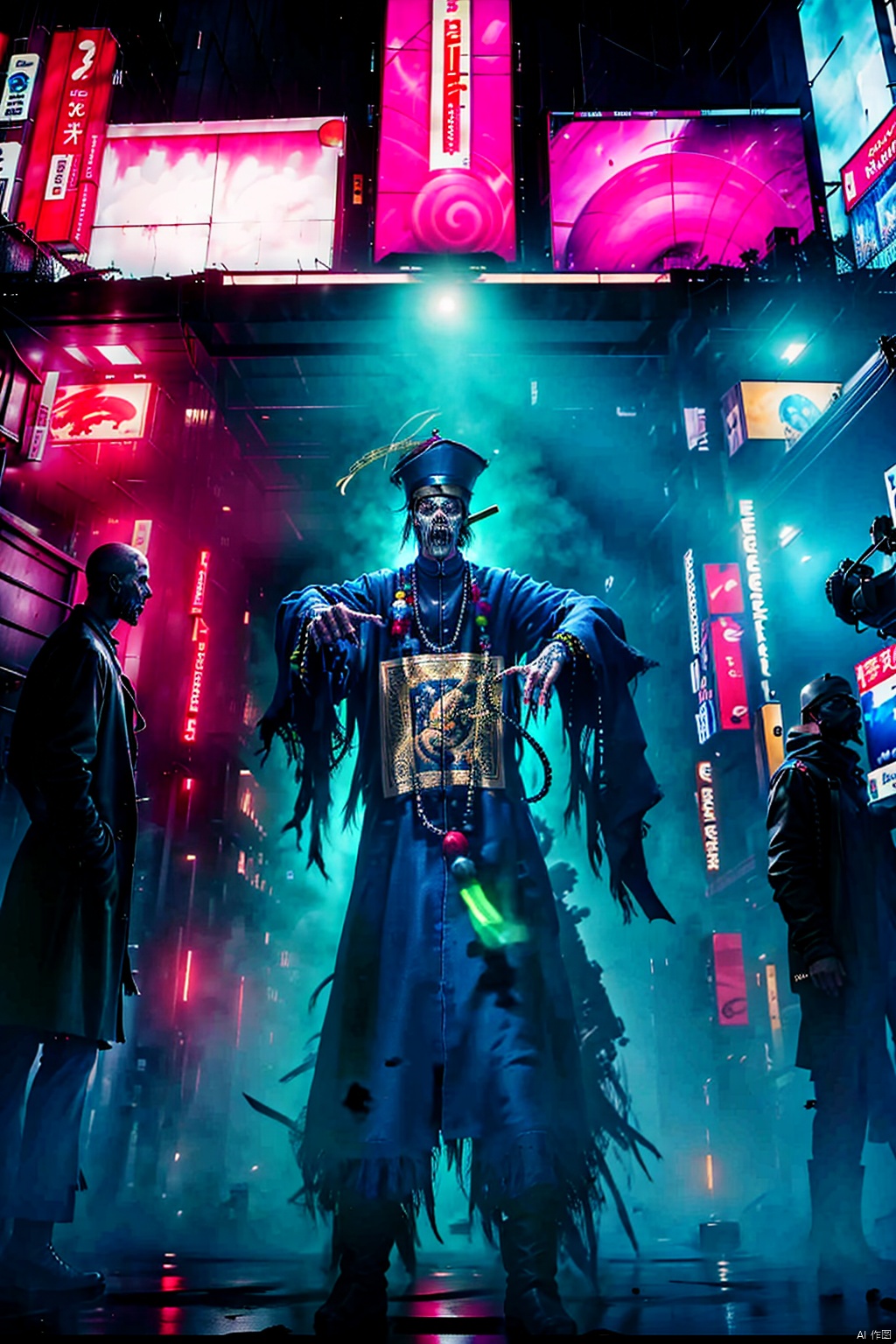  solo,1 boy,（Human Height: 1.2）,hat,male focus,glowing,outstretched arms,ofuda,jiangshi,qing guanmao,zombie pose,neon lights., horror (theme)