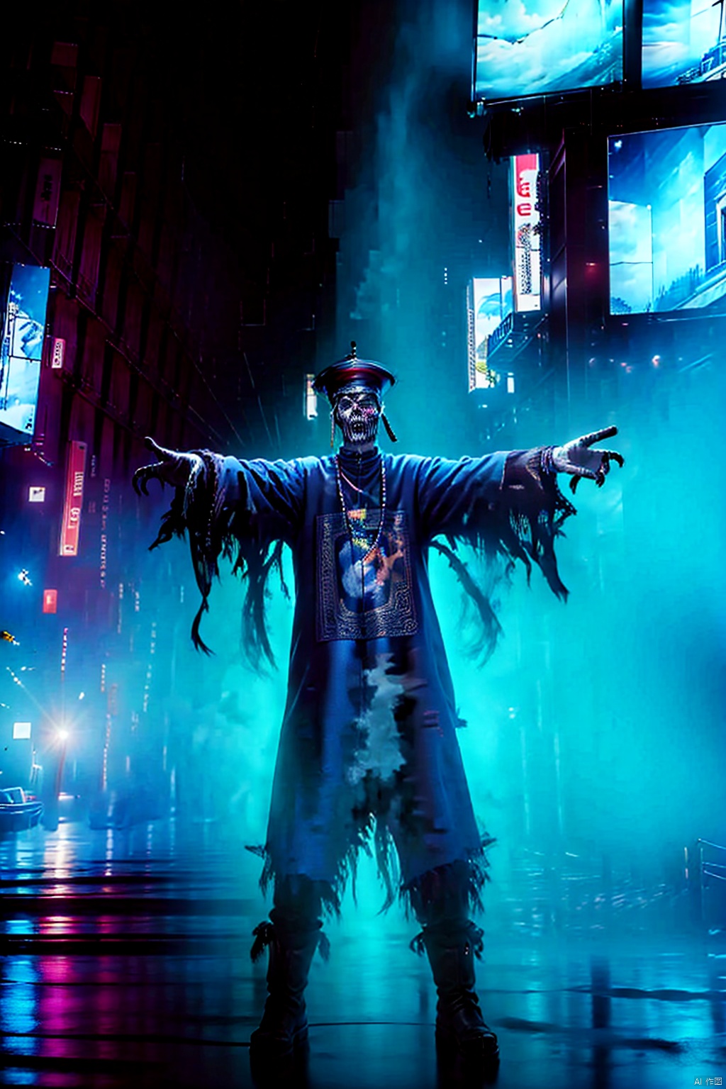  solo,1 boy,（Human Height: 1.2）,hat,male focus,glowing,outstretched arms,ofuda,jiangshi,qing guanmao,zombie pose,neon lights., horror (theme), qzcnhorror, dofas