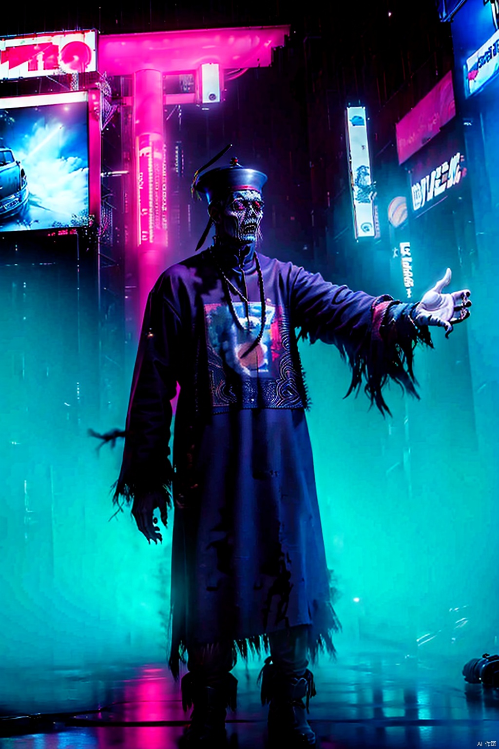  solo,1 boy,（Human Height: 1.2）,hat,male focus,glowing,outstretched arms,ofuda,jiangshi,qing guanmao,zombie pose,neon lights., horror (theme), qzcnhorror