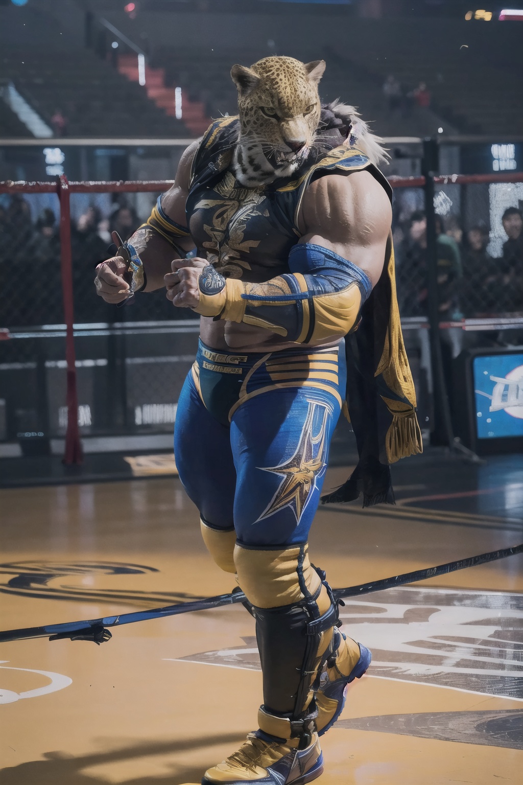 image of King from Tekken,  wrestling outfit,  in the air on Tensor.Art