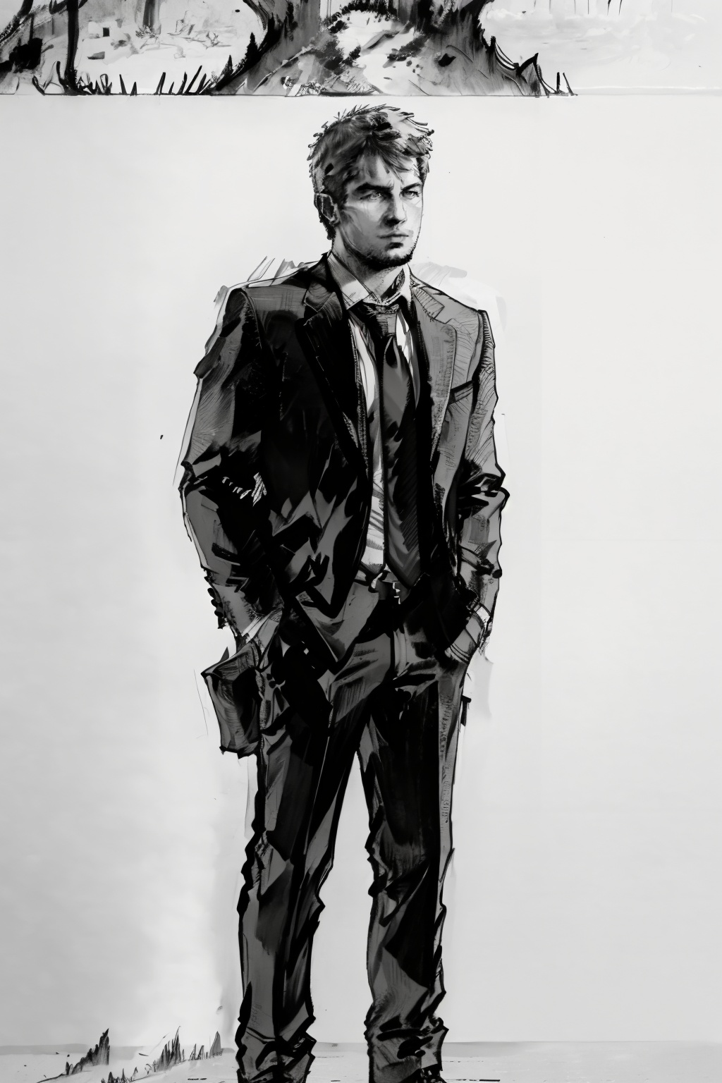Pencil sketch,  1man,  monochrome on Tensor.Art