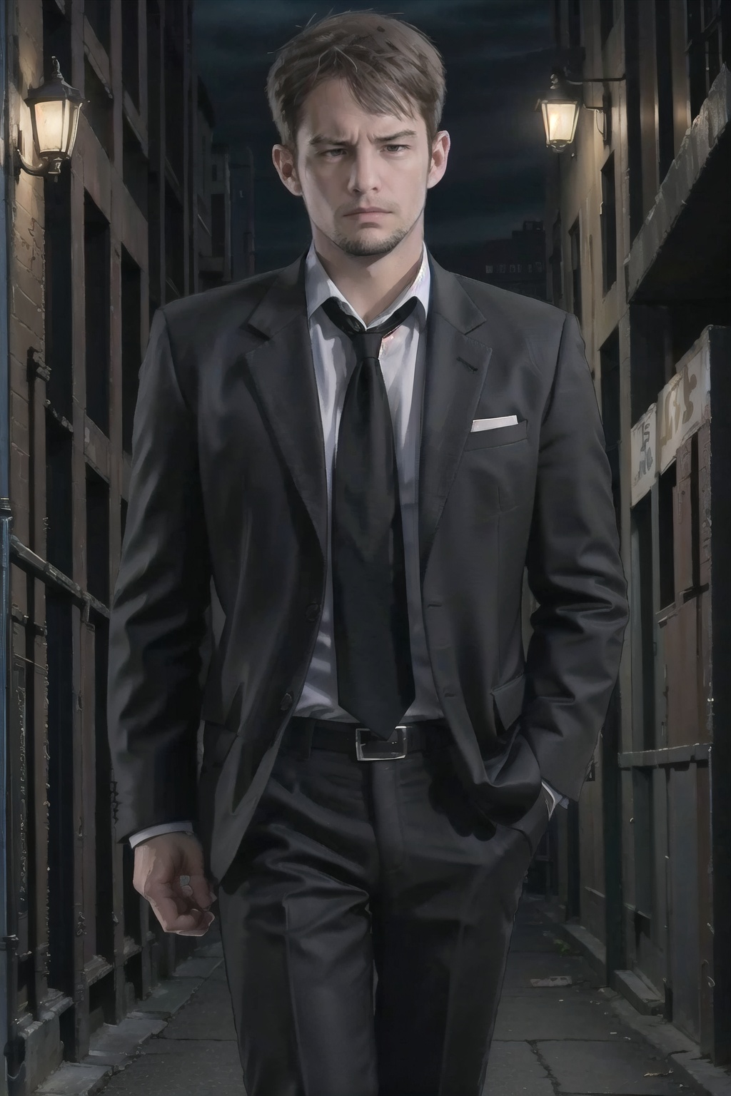 kyle_hyde,  sketch of Kyle Hyde walking in a dark alley during the night,  detective on Tensor.Art