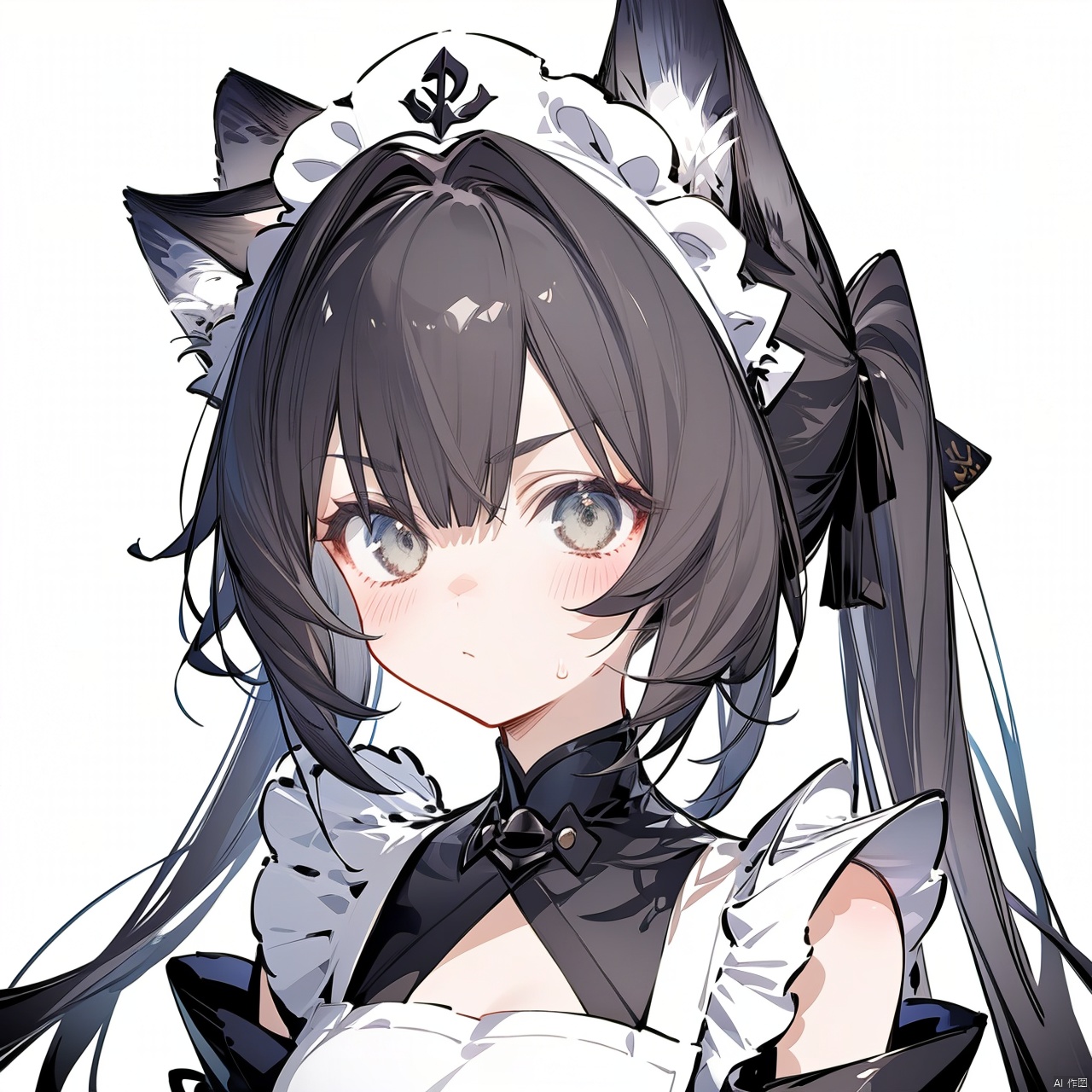  nai3, 1girl, animal ears, solo, blush, maid, maid headdress, white background, cat ears, apron, looking at viewer, long hair, simple background, grey hair, grey eyes, sweatdrop, upper body, maid apron, closed mouth, animal ear fluff, bangs, parted bangs, dress, long sleeves, puffy sleeves, white apron, ribbon, black dress, frills, hair ribbon