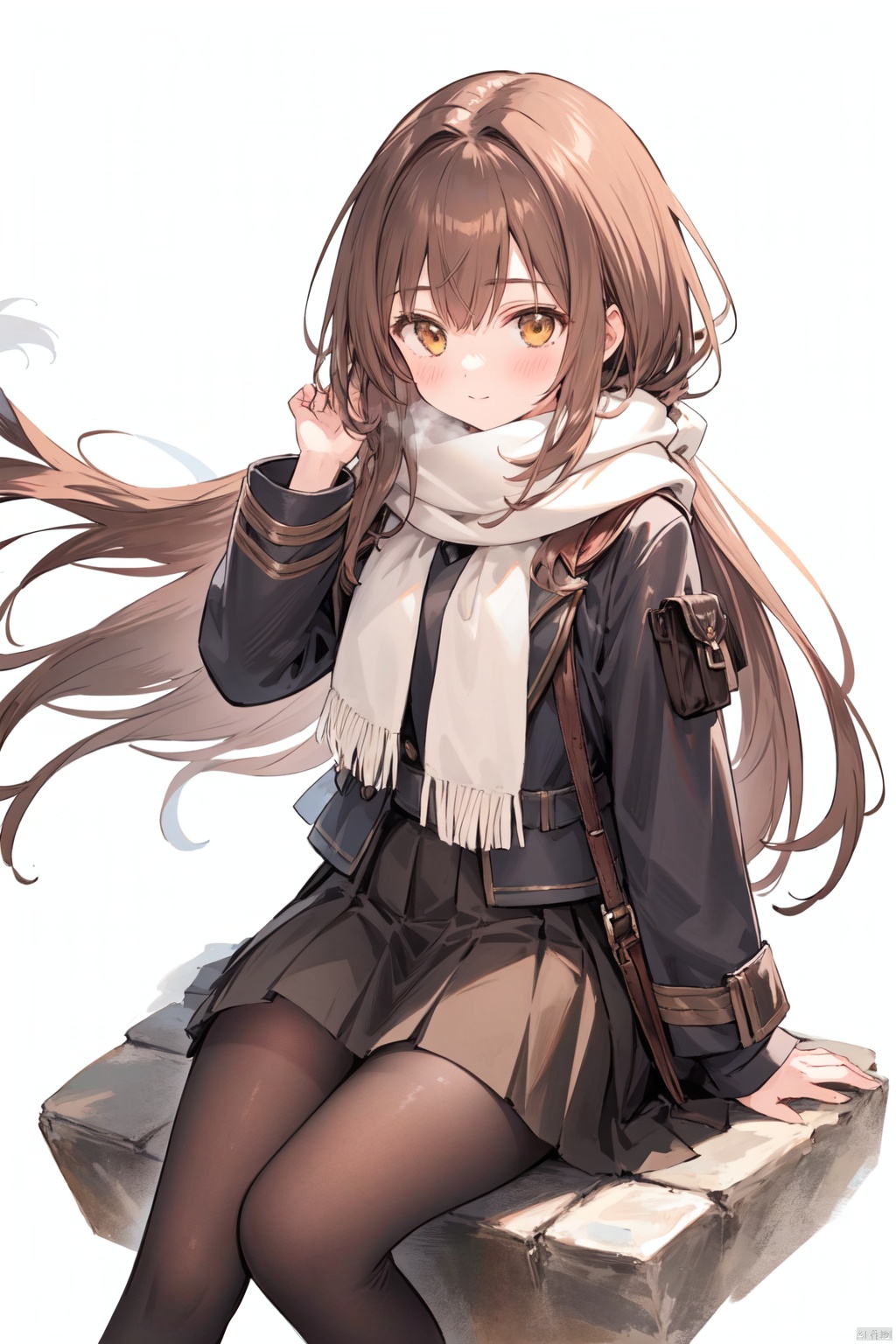  1girl, black_legwear, brown_eyes, brown_hair, covered_mouth, floating_hair, grey_scarf, grey_skirt, kneehighs, long_hair, long_sleeves, pleated_skirt, scarf, sitting, skirt, solo, white_scarf, wind,