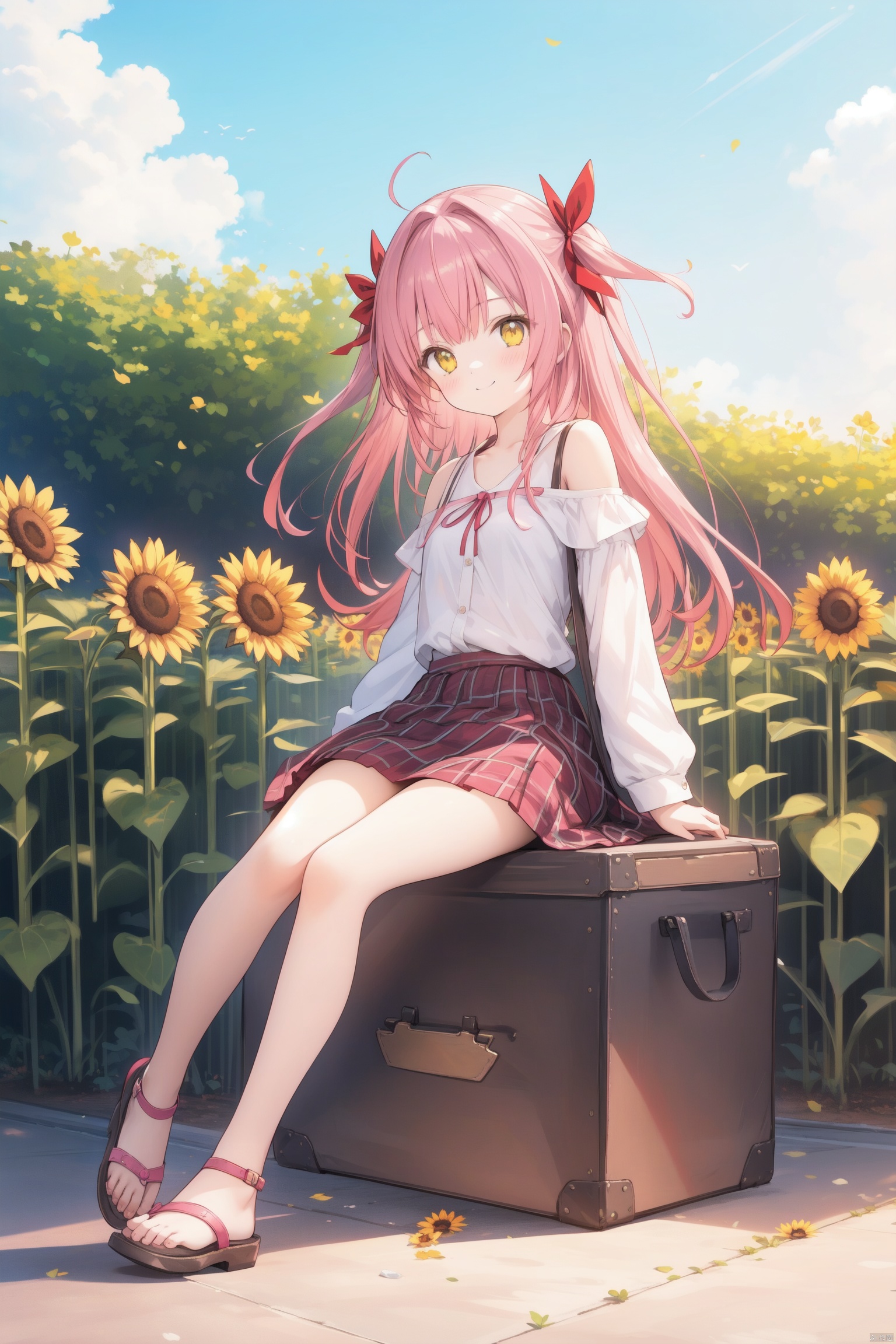  petite,loli,1girl, solo, flower, skirt, sandals, bicycle, ground vehicle, plaid skirt, two side up, sunflower, long hair, plaid, bare legs, looking at viewer,bag, legs, pink hair, bare shoulders, pleated skirt,yellow eyes, sitting, red hair, camisole, smile, full body, bicycle basket, hair ribbon