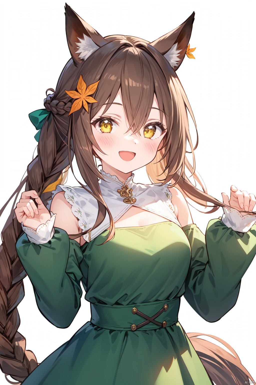  1girl, solo, long hair, looking at viewer, blush, smile, open mouth, bangs, simple background, brown hair, long sleeves, white background, dress, animal ears, hair between eyes, very long hair, yellow eyes, upper body, braid, multicolored hair, sleeves past wrists, hands up, floating hair, leaf, horse ears, horse girl, sleeves past fingers, half updo, green dress, ear ornament,