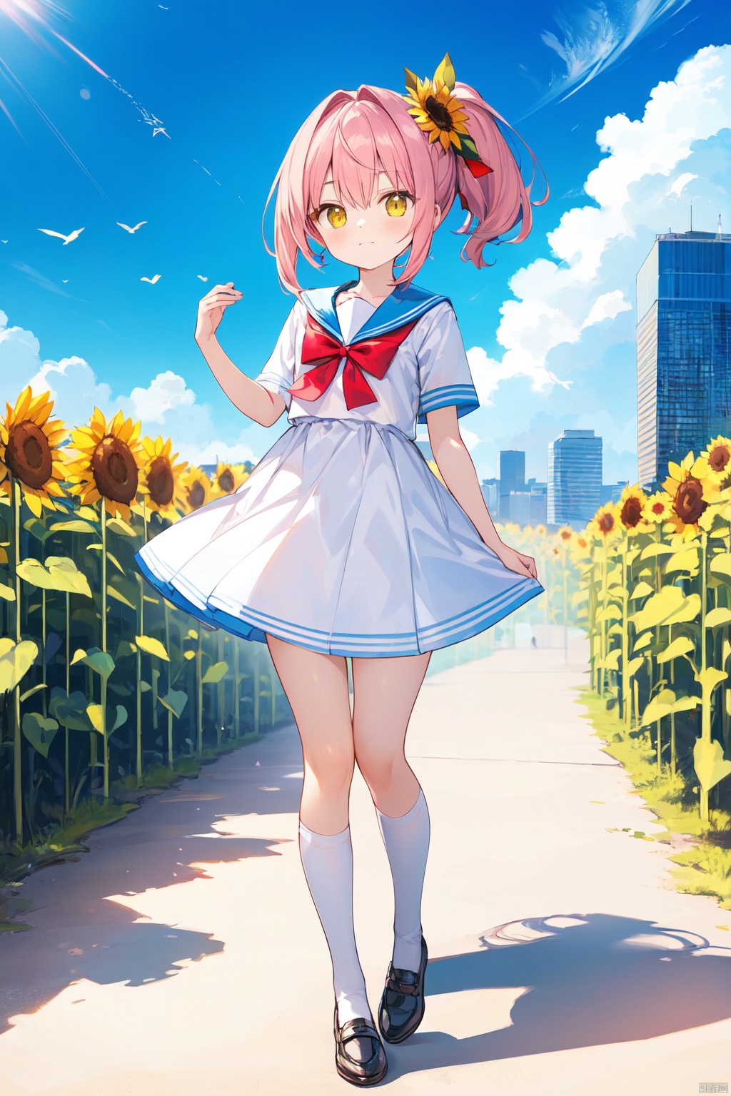  ((best quality),((masterpiece)),(highres),extremely detailed wallpaper,(an extremely delicate and beautiful)),mjiaocha,full body,standing,original,(loli:1.2),(petite:1.2),Pink hair,Yellow eyes,high ponytail,hair flower,fipped hair,floating hair,Frown,red bowtie,(solo),sky,skyline,skyscraper,smile,solo,sunflower,tower,upper_body,white flower,sailor_shirt,tutu,blue sailor collar