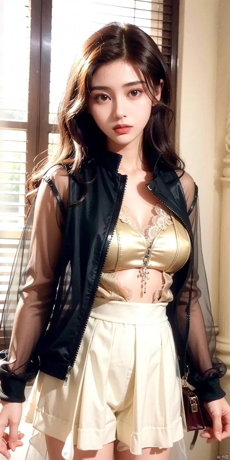  (((black hair))), best quality, 8K, HDR, highres, absurdres:1.2, blurry background, bokeh:1.2, Photography, (photorealistic:1.4), (masterpiece:1.3), (intricate details:1.2), 1girl, solo, delicate, (detailed eyes), (detailed facial features), petite,breasts, skin tight, (looking_at_viewer), from_front, (skinny), (lipgloss, caustics, Broad lighting, natural shading, 85mm, f/1.4, ISO 200, 1/160s:0.75),open clothes,(see through tulle jacket:1.2), , ((poakl)),lijiaxin