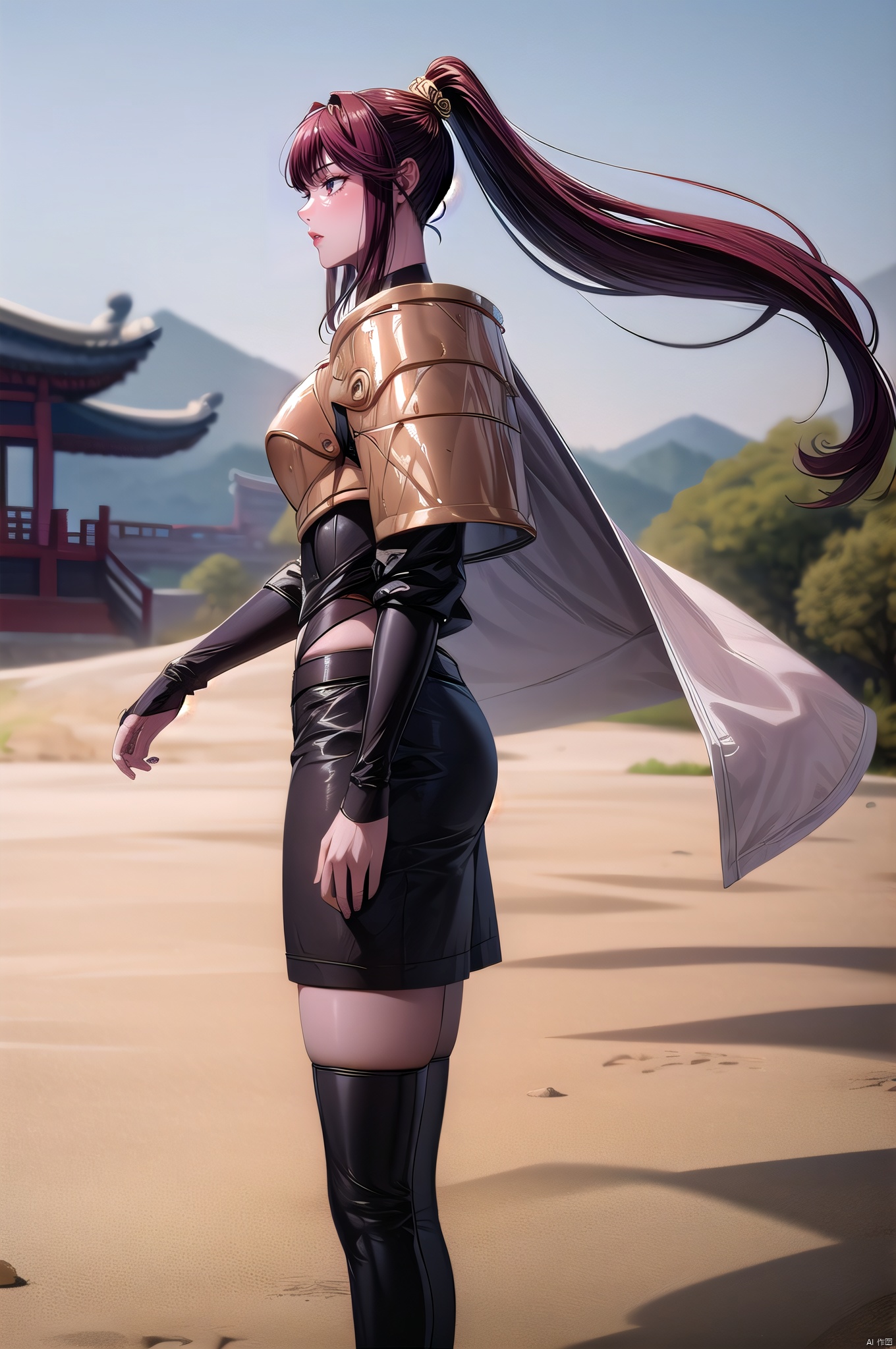 Fengwang, 1girl, solo, long hair, ponytail, thighhighs, brown hair, from side, cape, zettai ryouiki, armor,  nice hands, Fengwang