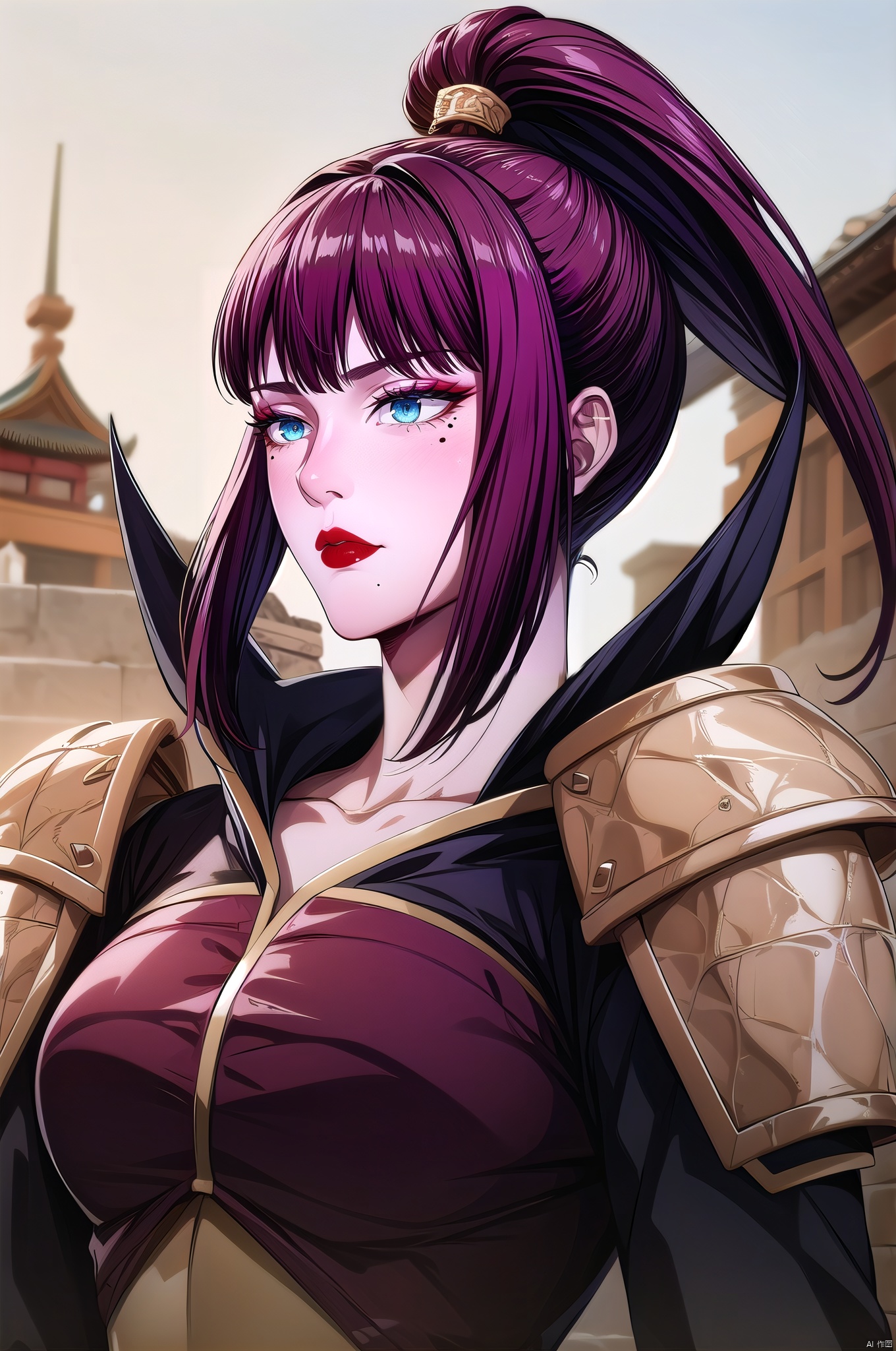 Fengwang, 1girl, solo, ponytail, mole under eye, blue eyes, makeup, long hair, brown hair, lipstick, armor, red lips, bangs, upper body, shoulder armor,  nice hands, Fengwang