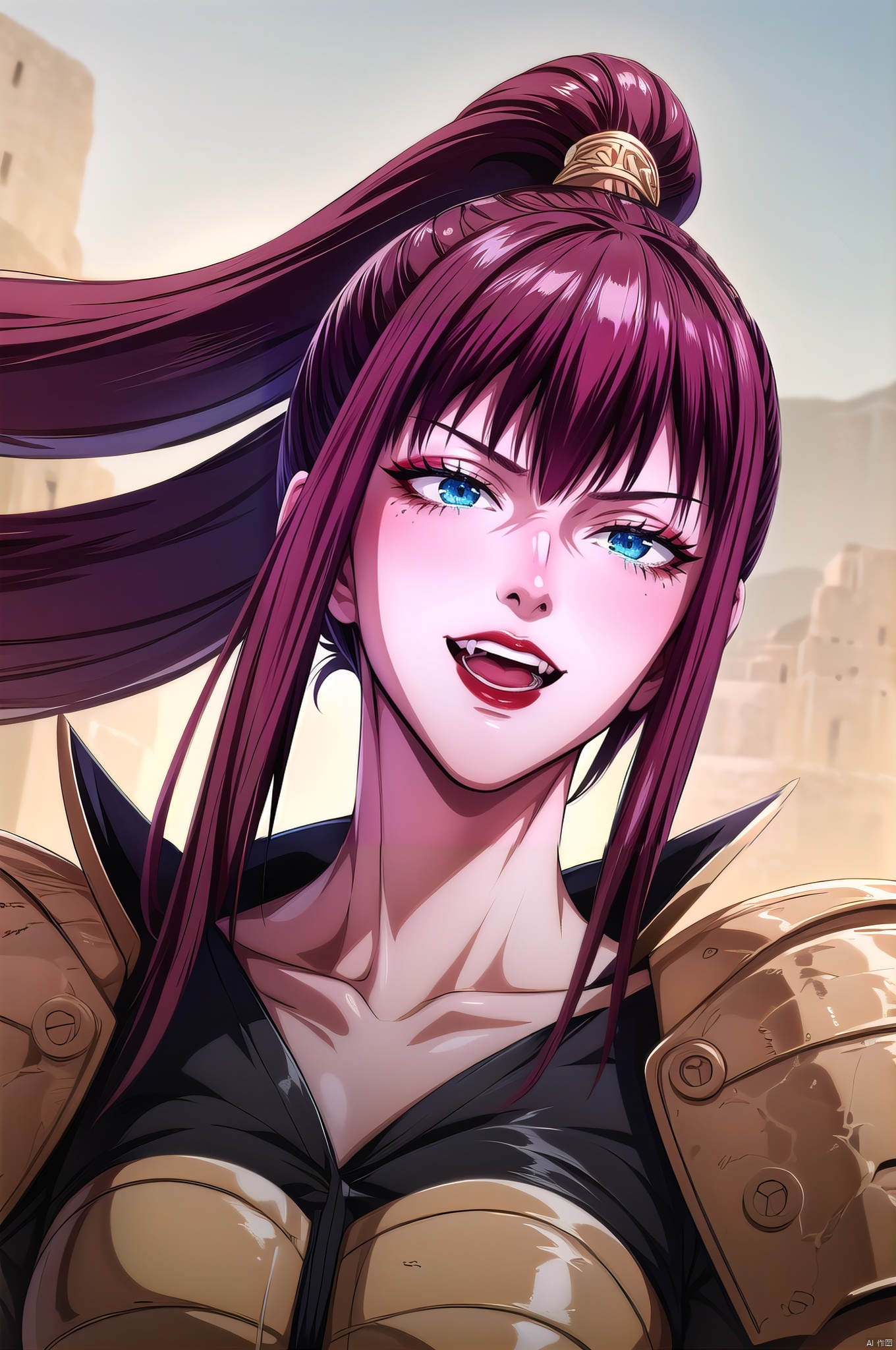 Fengwang, 1girl, solo, long hair, blue eyes, ponytail, red lips, makeup, bangs, looking at viewer, lipstick, open mouth, armor, brown hair, collarbone, upper body, teeth, outdoors, evil smile,  nice hands, Fengwang