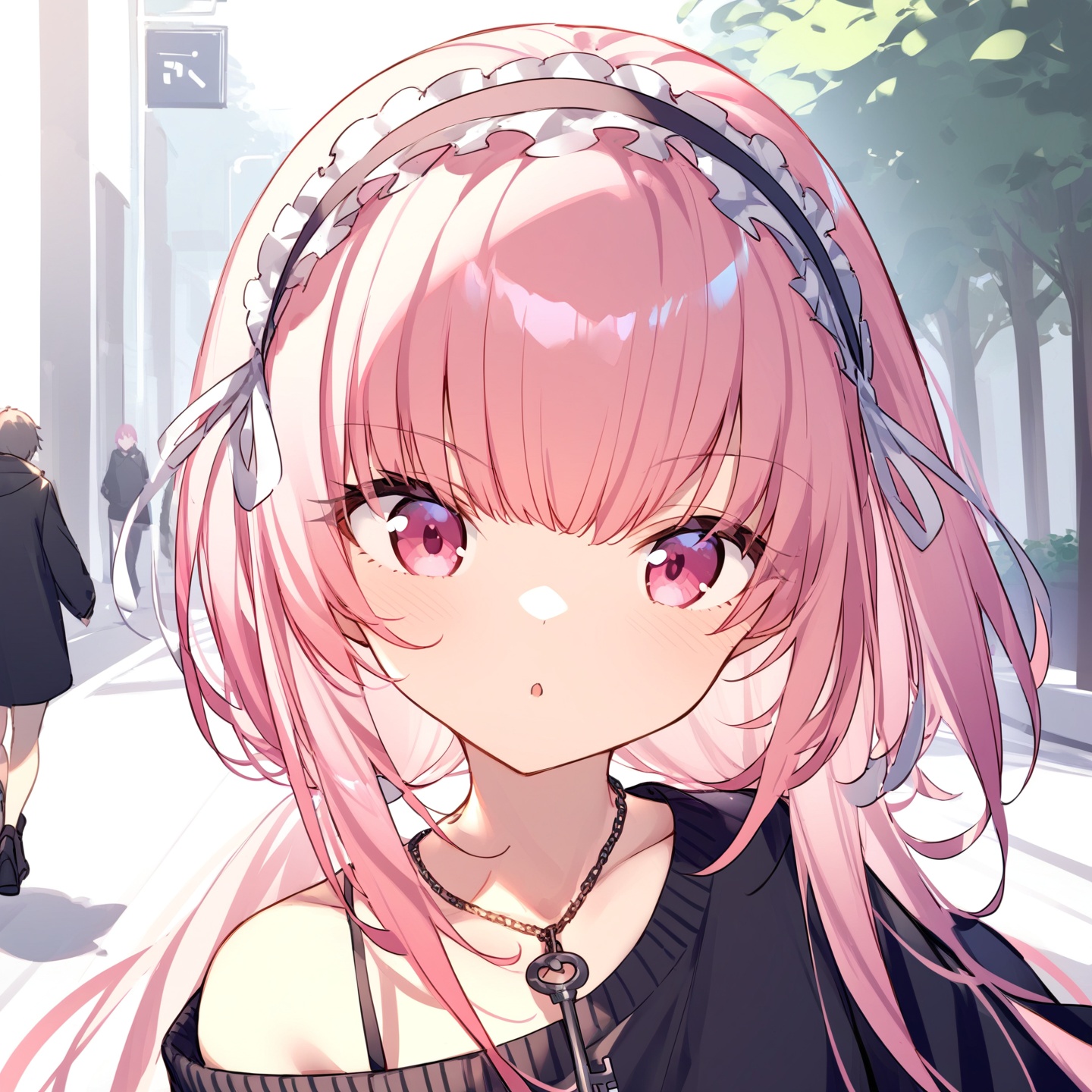 ,1girl,full <lora:Perseus-10:1>  pink hair,key necklace,hairband,Walking down the street,Upper body close-up