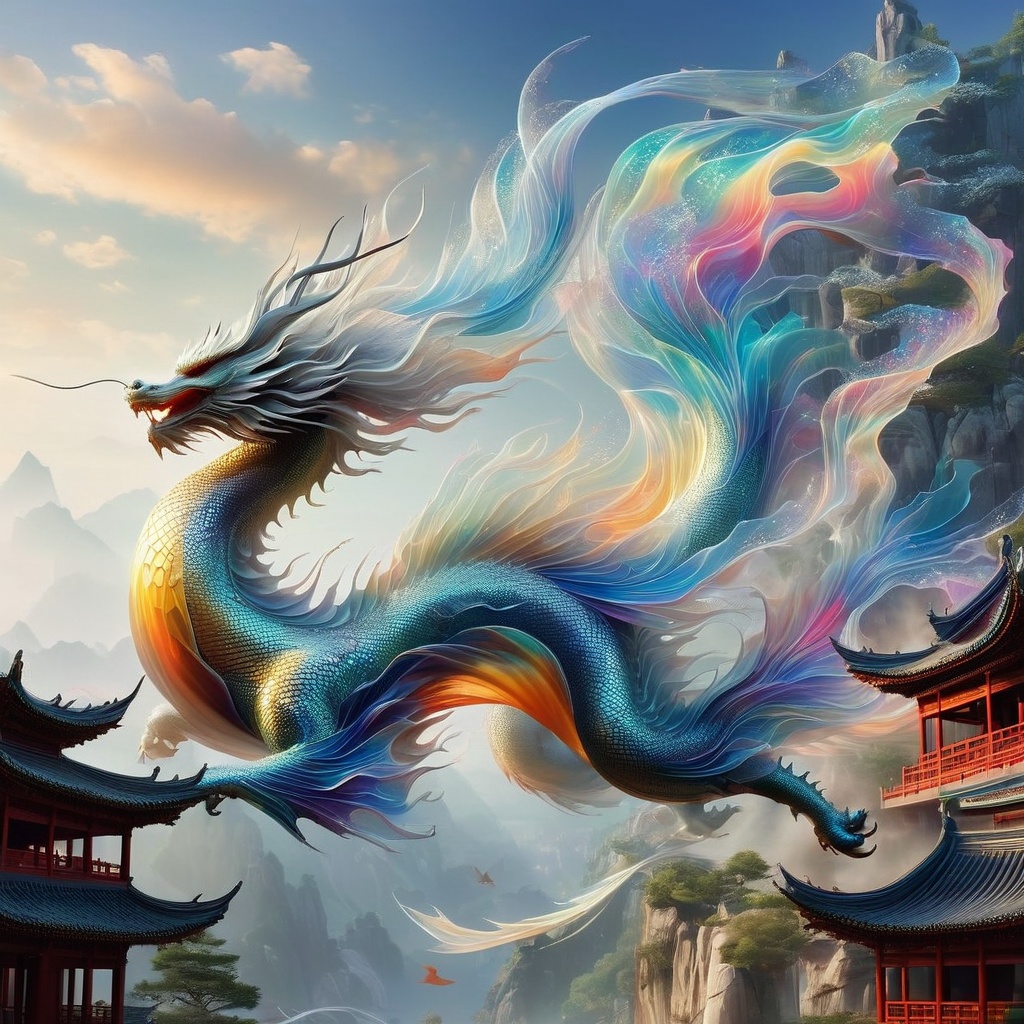 echmrdrgn eastern dragon with a surreal, mirage-like design. Its body is semi-translucent, giving it an ephemeral quality. As it moves, echoes of its form linger in the air, creating a mesmerizing afterimage. The dragon's scales exhibit a play of opalescent colors, and carry the illusion of rippling heat, embodying an ethereal and elusive beauty, 32k masterpiece, RAW photography, best quality:1.3, ultra-high detailed, ultrarealistic ((medieval chinese village background))