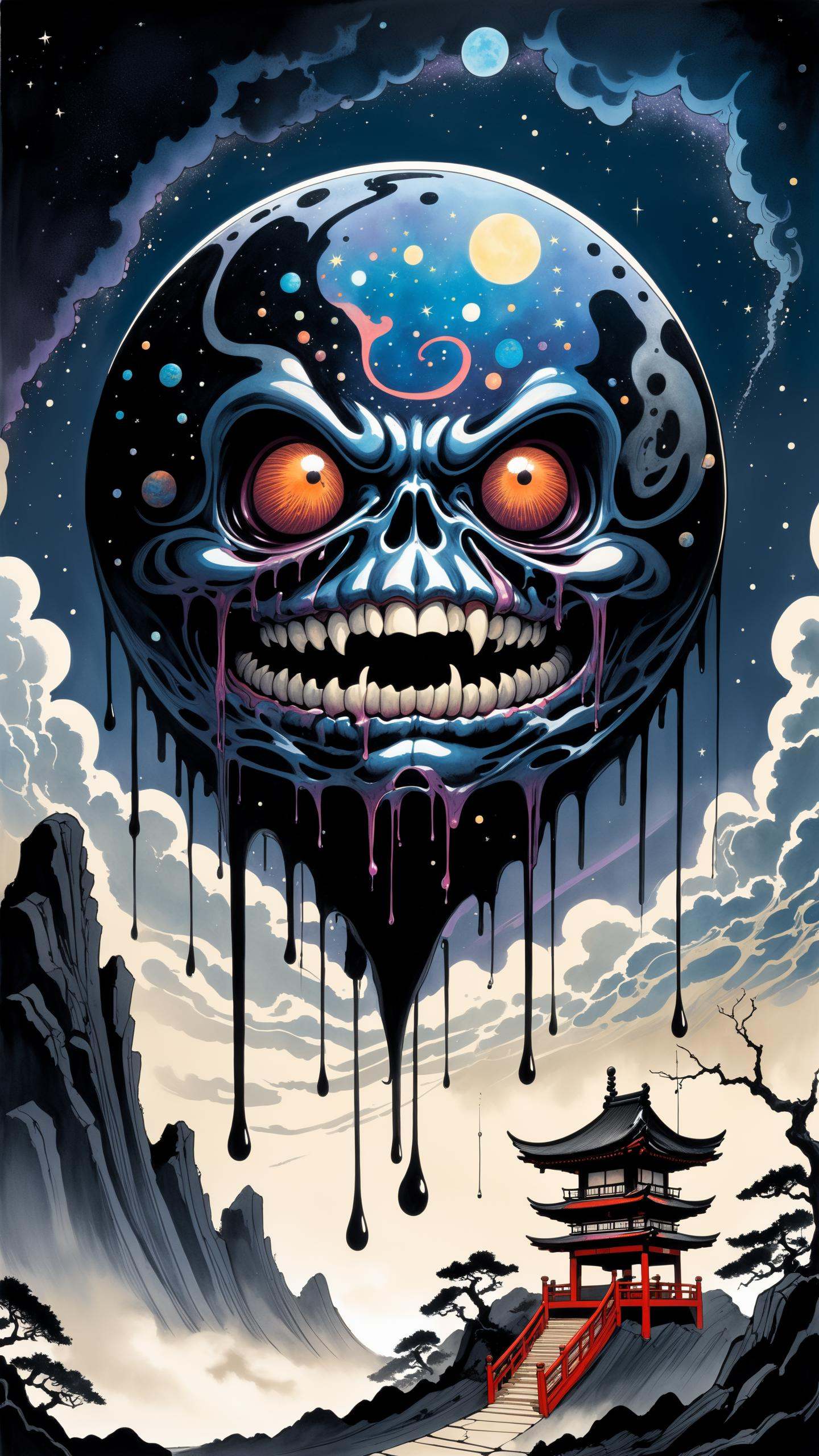 Japanese Ink Drawing,  Ink Dripping Drawing,  horror-themed space-themed Surrealism on Tensor.Art
