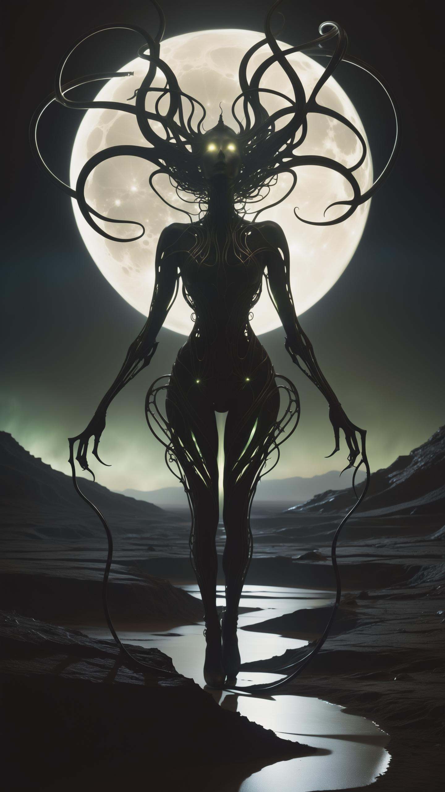 In a desolate,  moonlit landscape,  a lone figure emerges on Tensor.Art