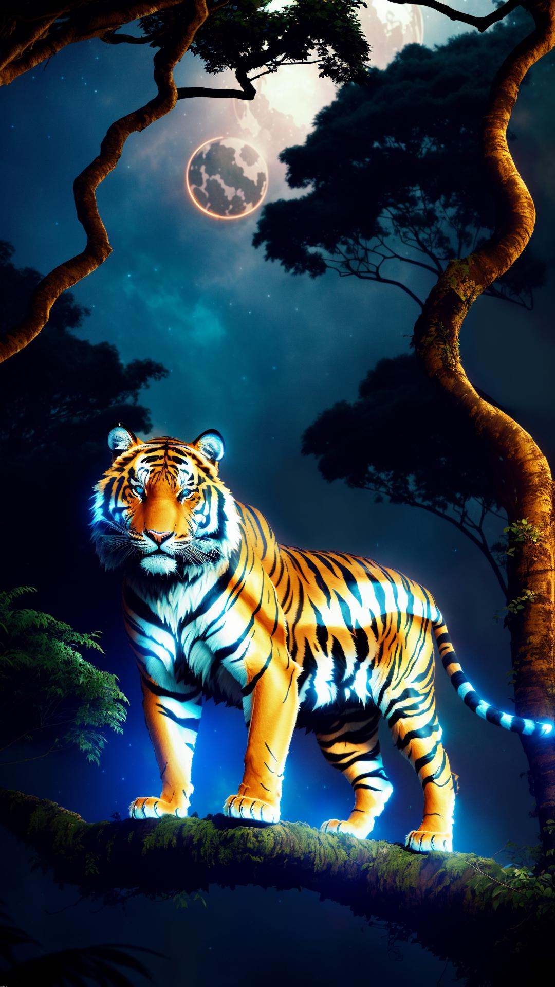 a photograph of a full body mechanical tiger in copper and blue glowing eyes,  perched on a tree in the jungle at night,...
