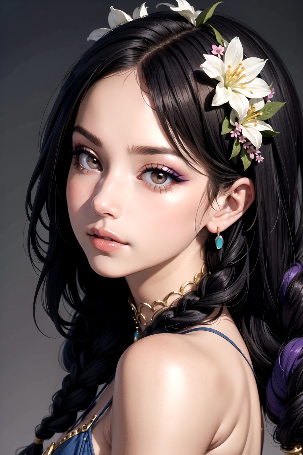 a close-up of a beautiful woman with intricate and vibrant makeup. Emphasize the details of her eyeshadow,  eyeliner,  and...
