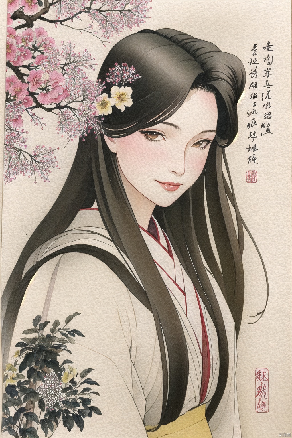 bgirl, 1girl, Exquisite facial features, looking-at-viewer, smile, hanfu,  flower,  traditional media,  painting \(medium\),  plant,  red flower,  watercolor \(medium\),  tree,  scenery,  branch,  seal,<lora:EMS-275616-EMS:1.000000>