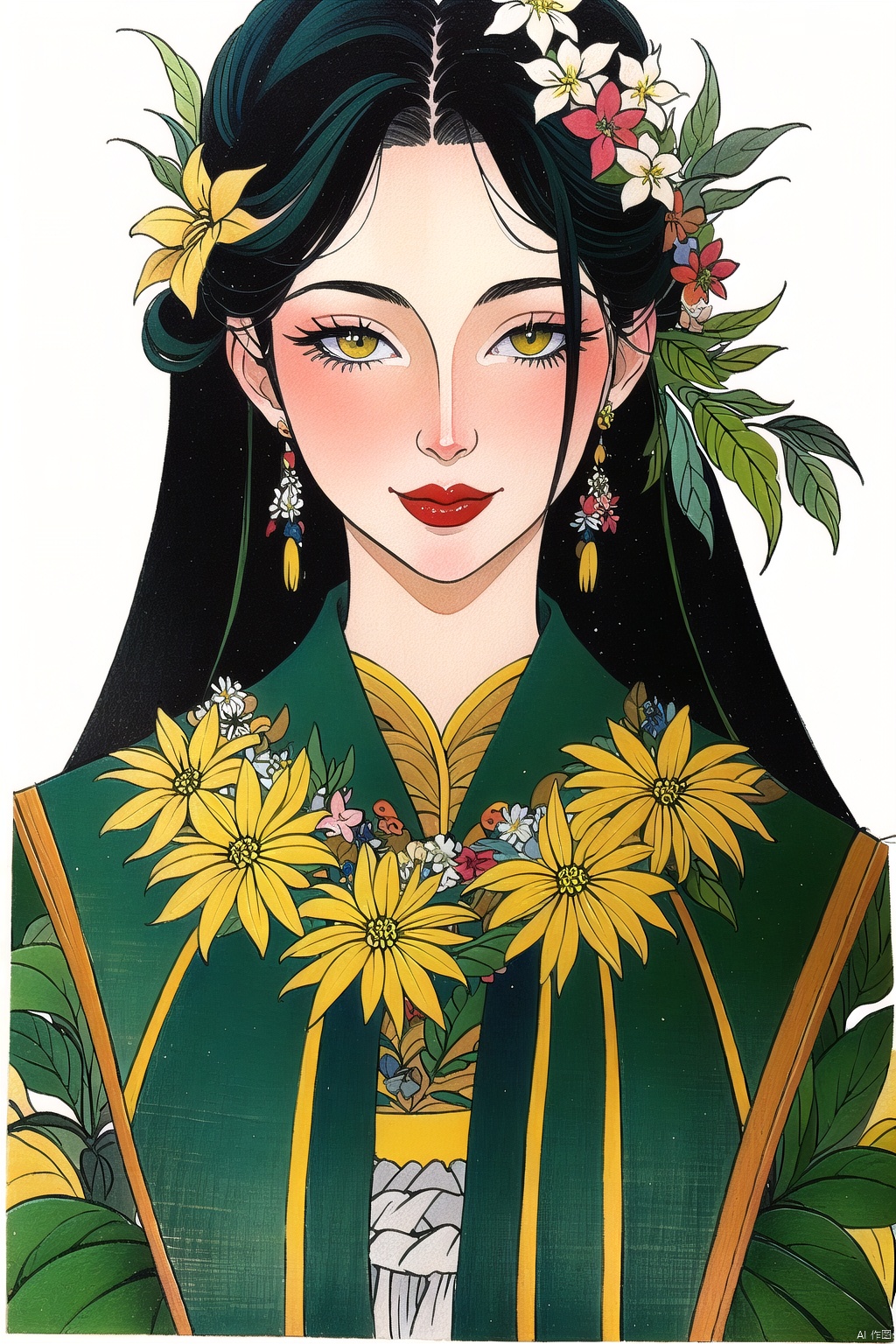 bgirl, 1girl, Exquisite facial features, wedding gown, looking-at-viewer, smile,  long hair,  red lips,  upper body,  blush,  multicolored hair,  leaf, plant,  leaf,  flower,  still life,  yellow flower,  traditional media,  painting \(medium\),  white background,<lora:EMS-275616-EMS:1.000000>