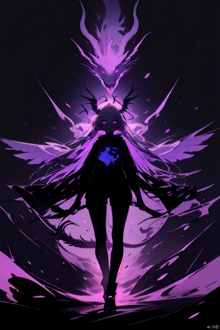 mastepiece, best quality, ethereal dragon,  anime character,  female,  purple color scheme,  wings,  fantasy,  long hair,  mysterious,  glowing eyes,  standing pose,  dark atmosphere,<lora:EMS-275678-EMS:0.800000>
