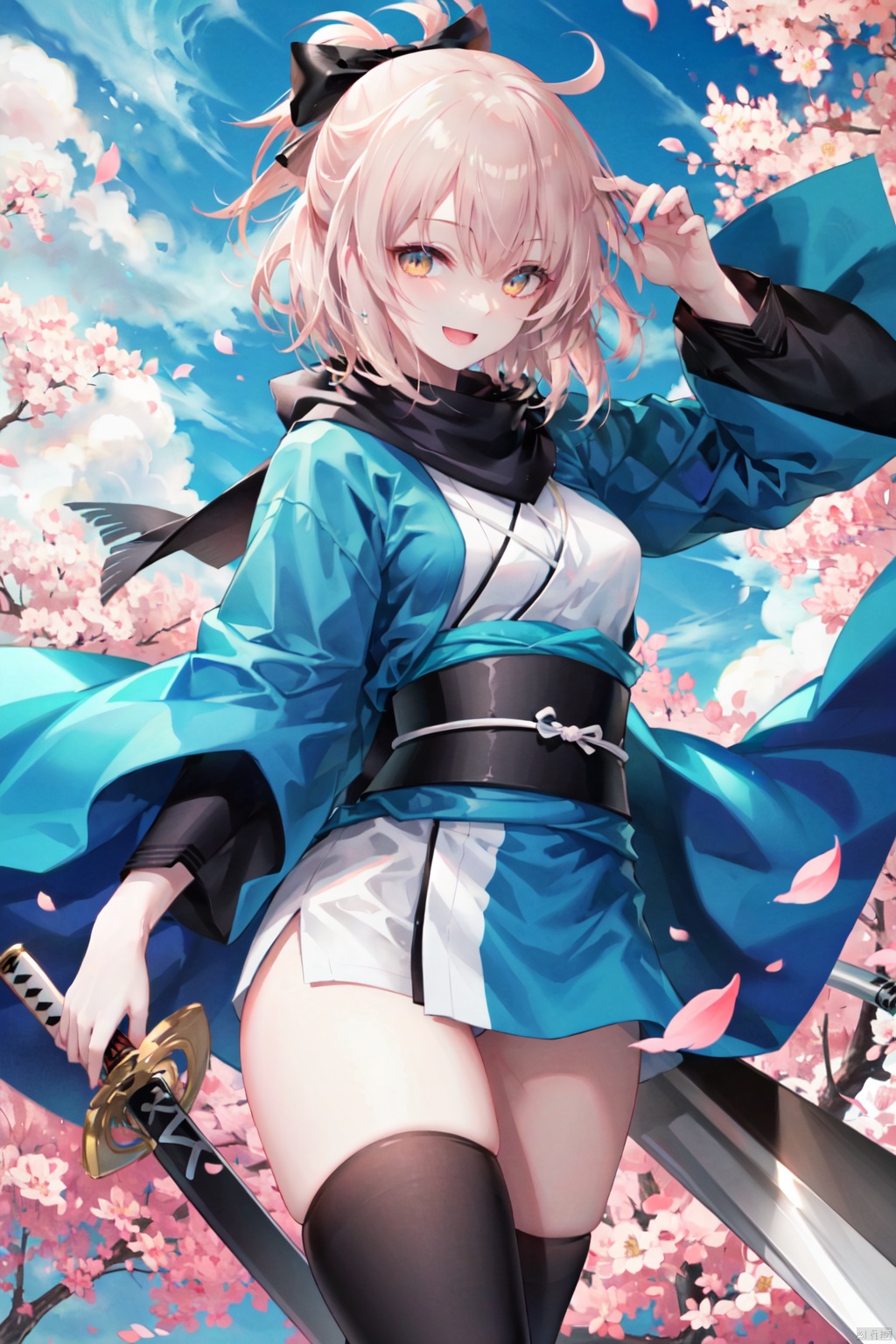 1girl, okita souji \(koha-ace\), solo, okita souji \(fate\), japanese clothes, weapon, sword, scarf, katana, kimono, cherry blossoms, bow, open mouth, hair bow, yellow eyes, ahoge, black scarf, looking at viewer, thighhighs, blonde hair, short hair, short kimono, sheath, haori, smile, black bow, holding, holding weapon, shinsengumi, day, sash, outdoors, holding sword, obi, sky, :d, petals, sheathed, blue sky, black thighhighs, wide sleeves, bangs