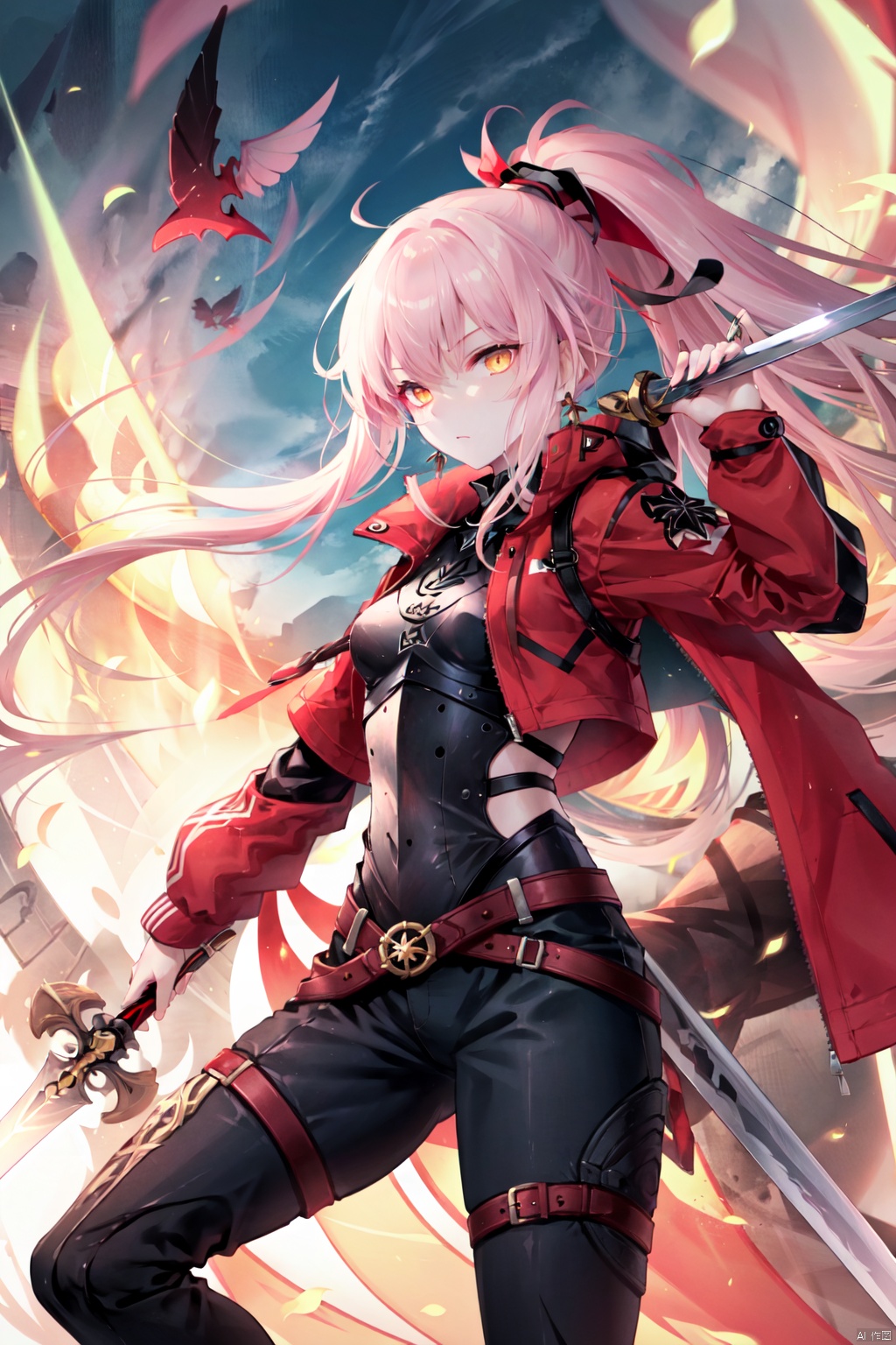 1girl, sword, armor, weapon, (petite:1.2),Pink hair,Yellow eyes, (red Jacket),high ponytail