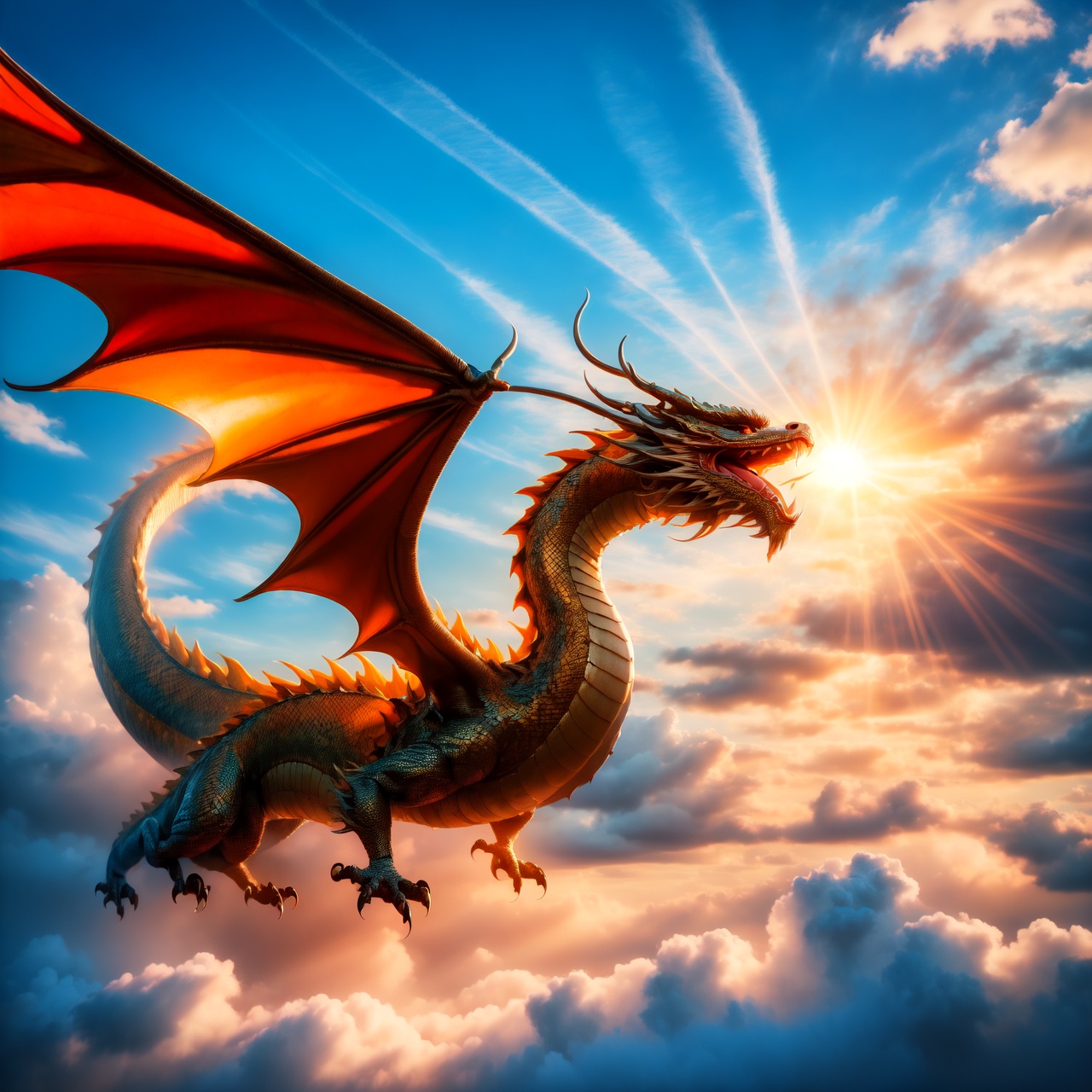 Create a photo-realistic and awe-inspiring image of Yinglong, the most ancient dragon in Chinese mythology, dynamically soaring through the sky. The dragon should have a realistic texture, powerfully ascending towards the sun and navigating through auspicious clouds. The scene should capture Yinglong's detailed scales and majestic form, with the sun's rays casting a radiant, golden light, accentuating its form against the backdrop of the auspicious clouds, creating a scene of grandeur and intense vitality.
By FuturEvoLab, (Masterpiece, Best Quality, 8k:1.2), (Ultra-Detailed, Highres, Extremely Detailed, Absurdres, Incredibly Absurdres, Huge Filesize:1.1), 