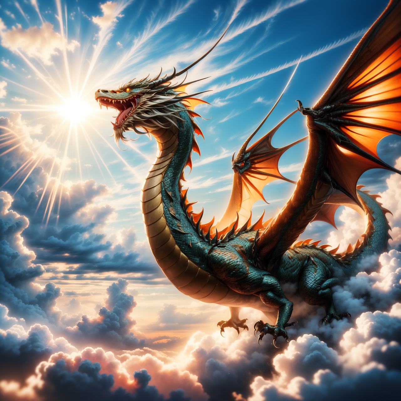 Create a photo-realistic and awe-inspiring image of Yinglong, the most ancient dragon in Chinese mythology, dynamically soaring through the sky. The dragon should have a realistic texture, powerfully ascending towards the sun and navigating through auspicious clouds. The scene should capture Yinglong's detailed scales and majestic form, with the sun's rays casting a radiant, golden light, accentuating its form against the backdrop of the auspicious clouds, creating a scene of grandeur and intense vitality.
By FuturEvoLab, (Masterpiece, Best Quality, 8k:1.2), (Ultra-Detailed, Highres, Extremely Detailed, Absurdres, Incredibly Absurdres, Huge Filesize:1.1), 