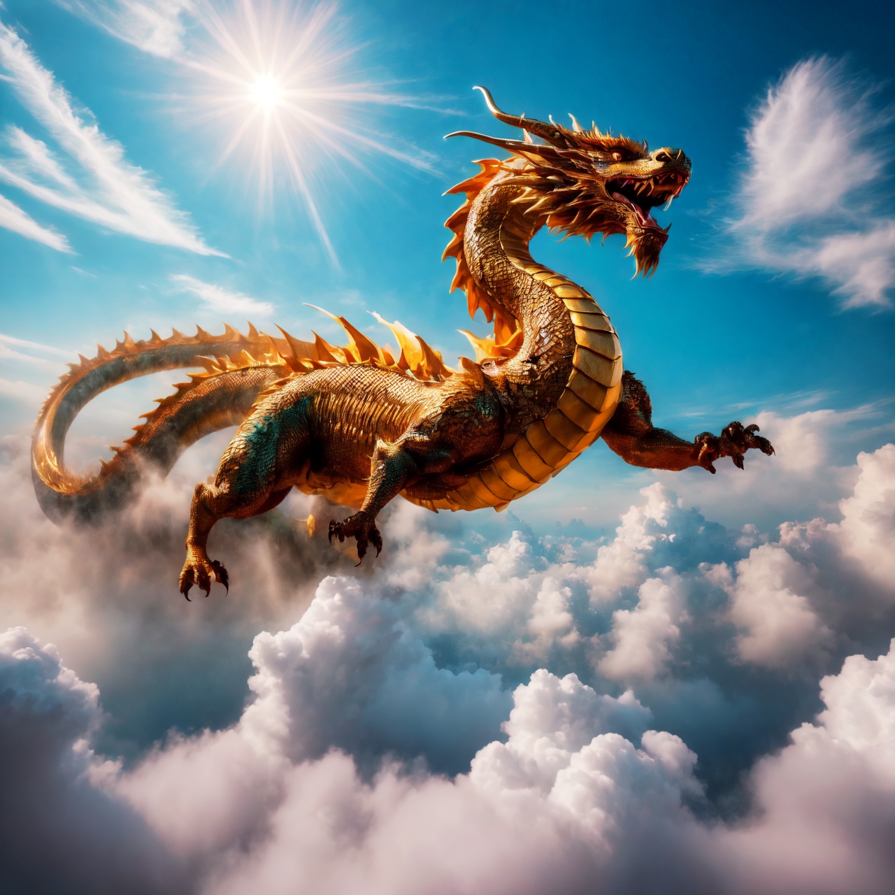 A majestic and powerful scene illustrating 'The dragon soars in the sky' (飞龙在天) from the I Ching. A magnificent Chinese dragon, detailed and vibrant, is depicted soaring high above the clouds, symbolizing the apex of achievement and recognition. The dragon is in full display, with its body elegantly winding through the sky, exuding strength and grace. The setting is awe-inspiring, with the dragon against a backdrop of a clear blue sky and fluffy white clouds, highlighting its ascendant position and celebrated status.
By FuturEvoLab, (Masterpiece, Best Quality, 8k:1.2), (Ultra-Detailed, Highres, Extremely Detailed, Absurdres, Incredibly Absurdres, Huge Filesize:1.1), ,CHINESE DRAGON