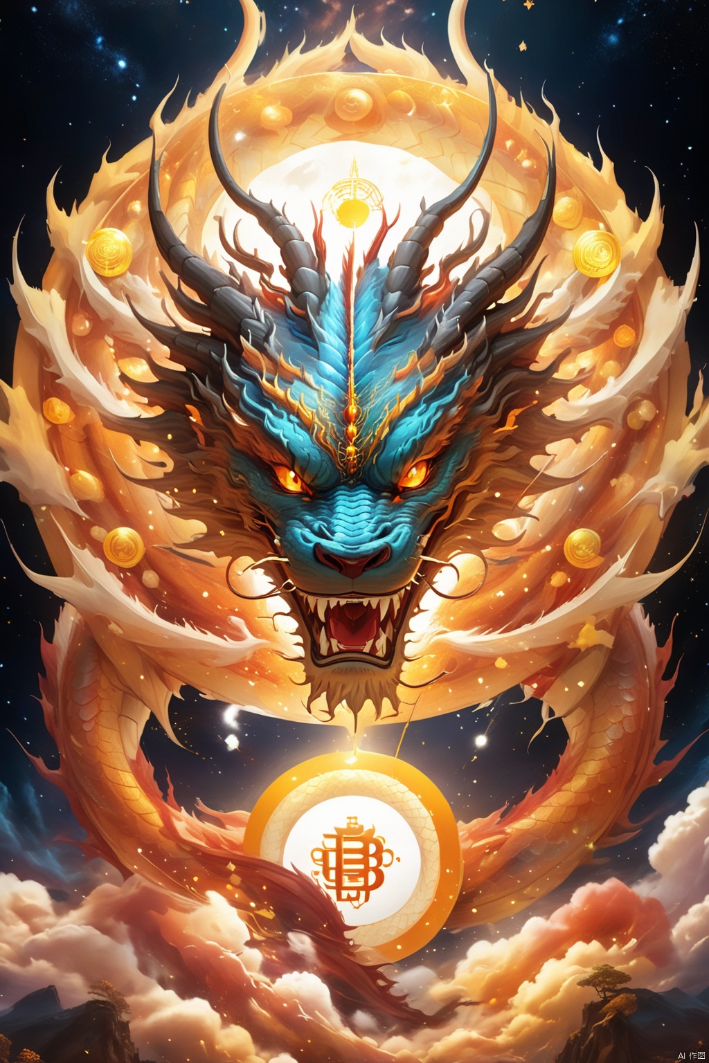  (Crypto Dragon King - Dragon with Five Claws: 1.48), (Dragon horn, dragon body, dragon tail), (mysterious halo: 1.36), (Star vortex, star river, star ring), travel in the universe, use digital crypto magic, guard the digital field, (cross-chain information: 1.24), (digital currency: 1.5), encryption algorithm, space-time light particles, (star vortex, star river, star ring), ultra HD, super detail, epic shock, visual art, surreal, mythological legend style, God beast, BJ_Sacred_beast